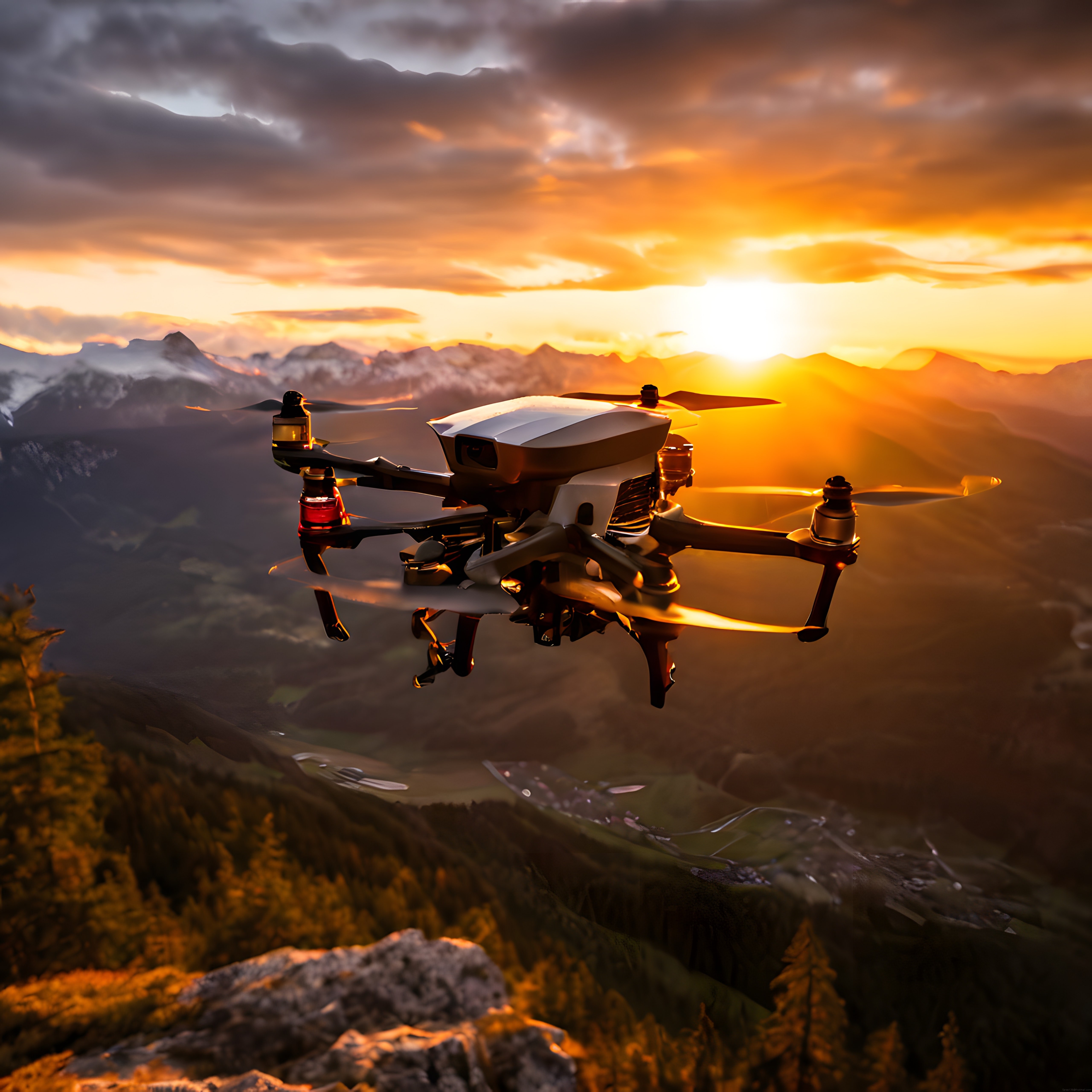 Gün batımında dağların üzerinde uçan drone ile çekilmiş muhteşem doğa manzarası