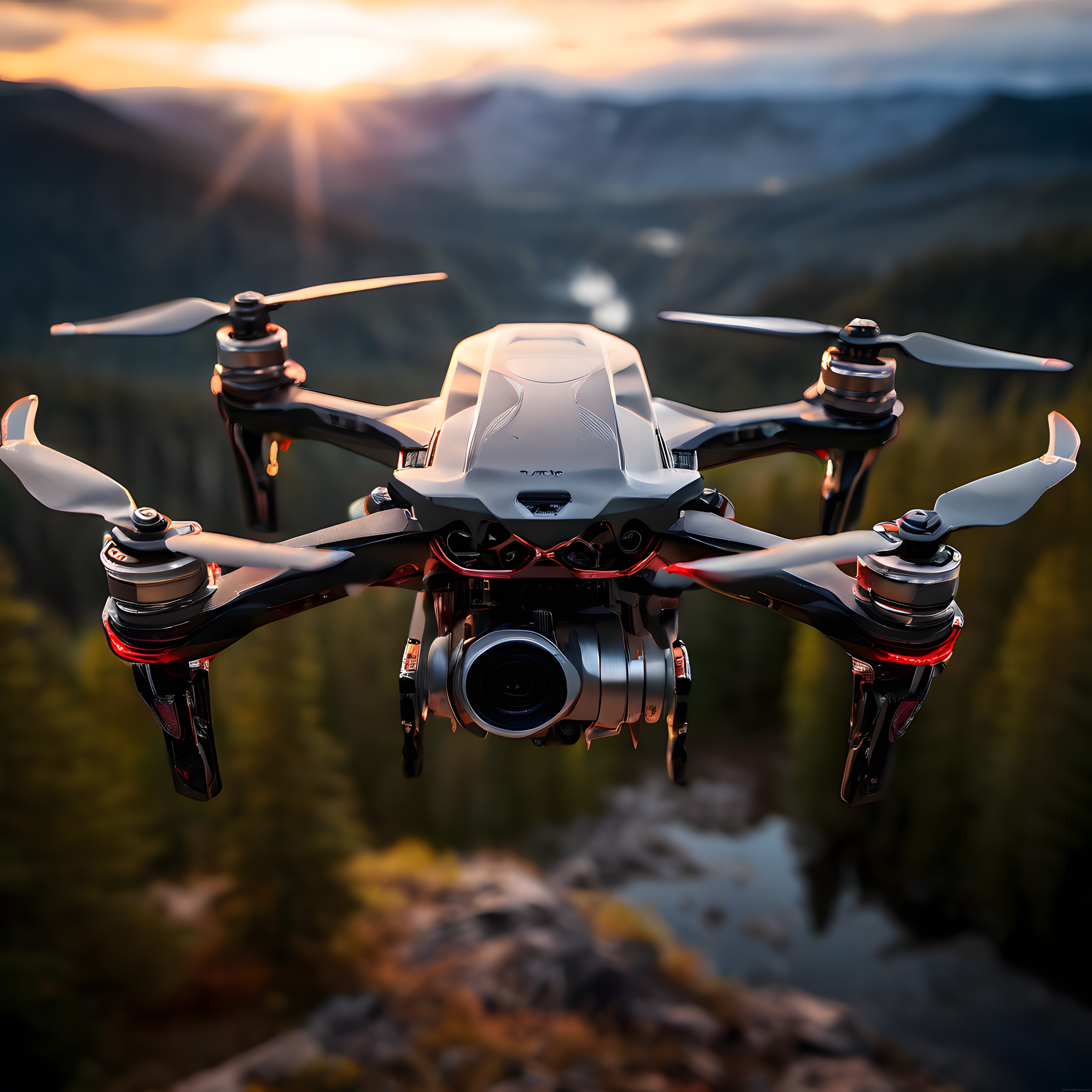 Gün Batımında Dağların Üzerinde Uçan Profesyonel Dört Pervaneli Drone