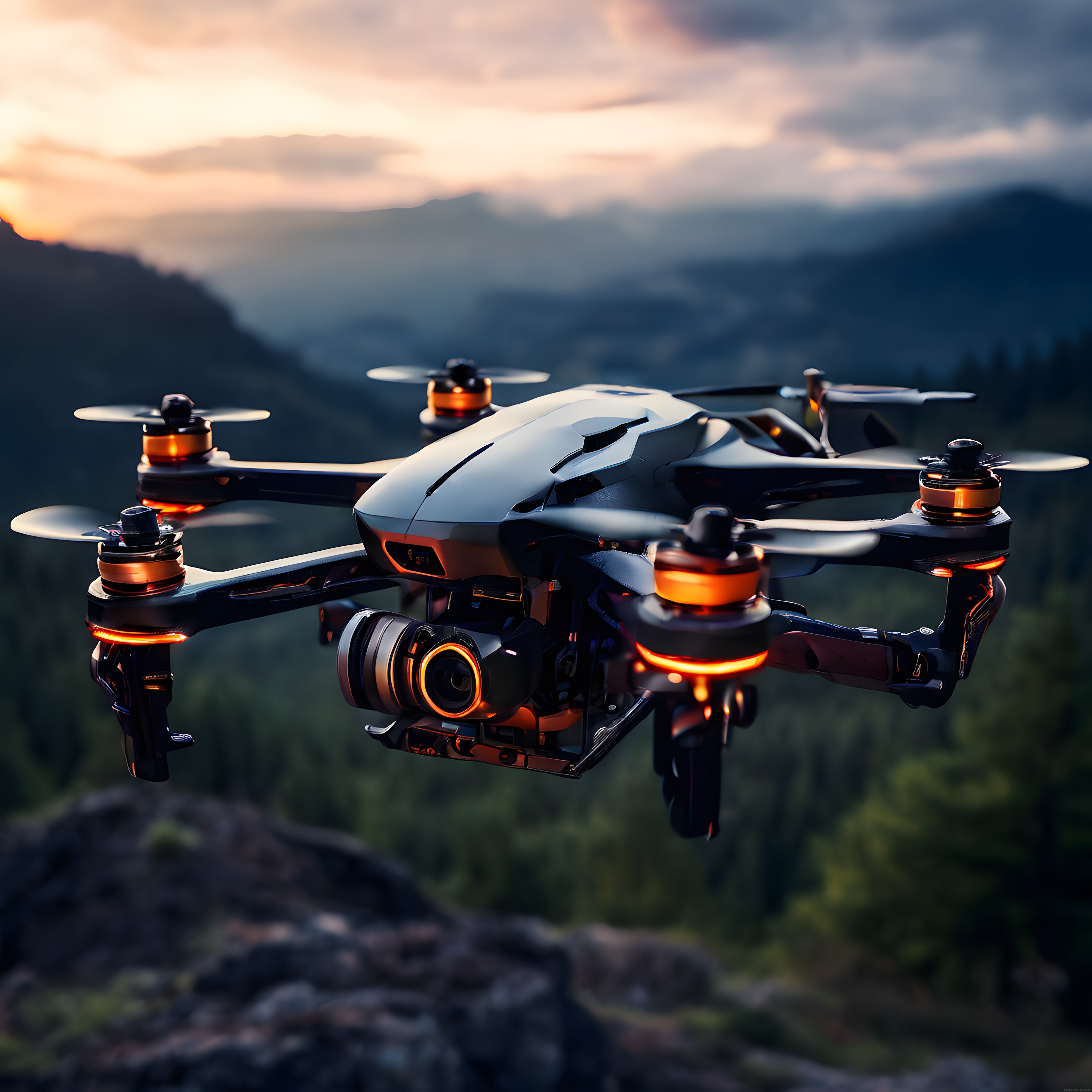 Gün batımında dağlık ormanın üzerinde uçan turuncu ışıklı bir drone