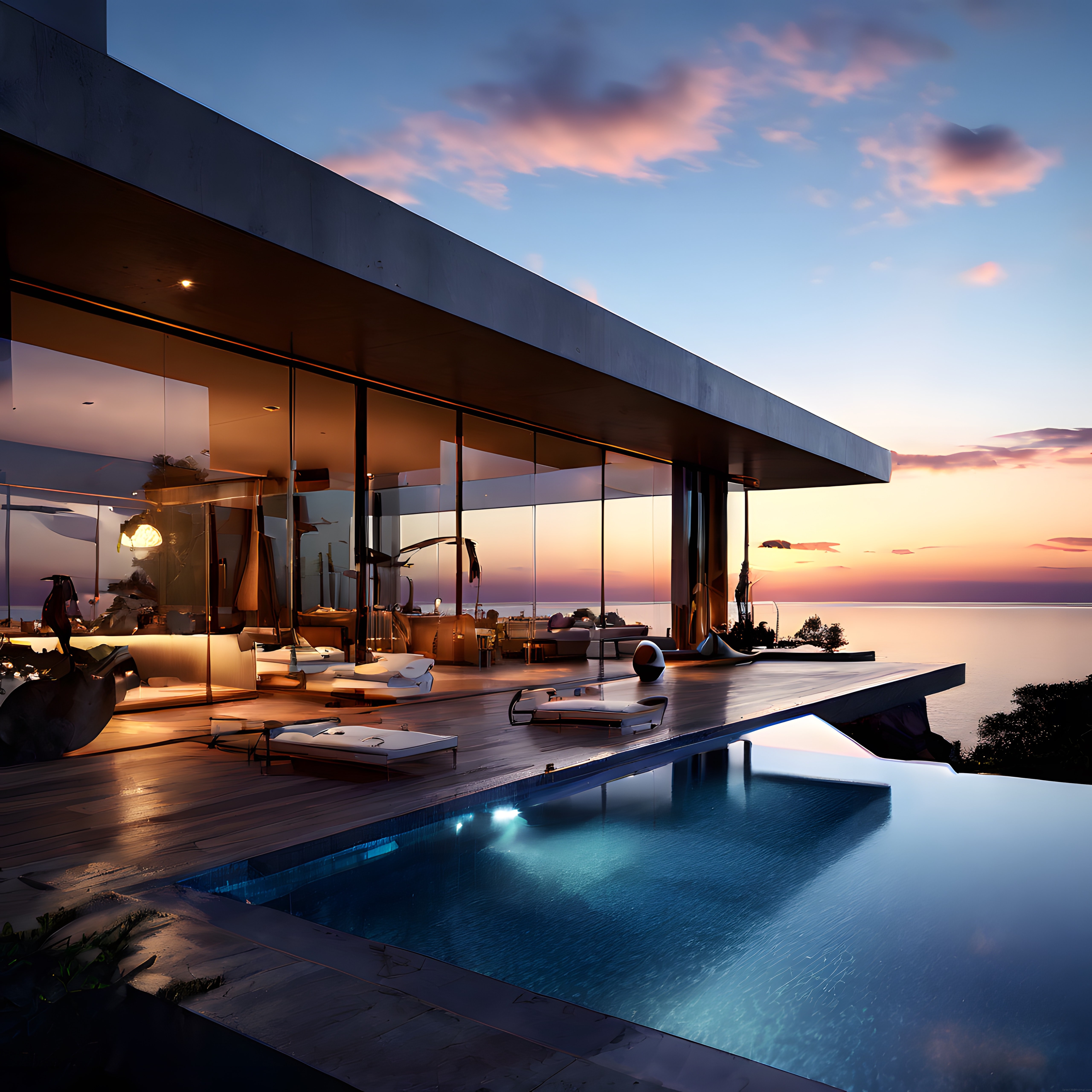 Gün Batımında Deniz Kenarında Modern mimari Lüks Villa ve Sonsuz Havuz Keyfi