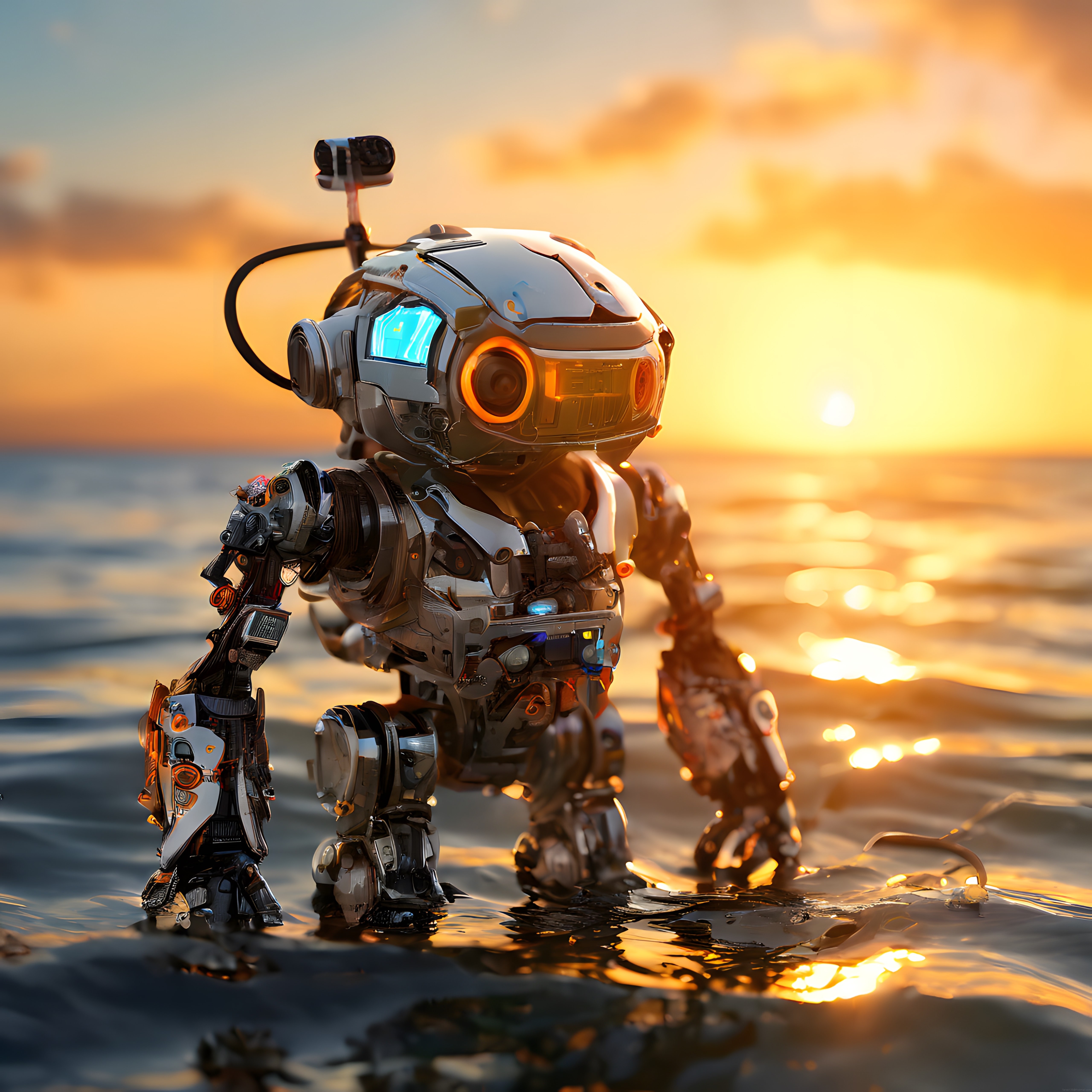Gün Batımında Deniz Kenarında Yürüyen Detaylı Sevimli Küçük Robot