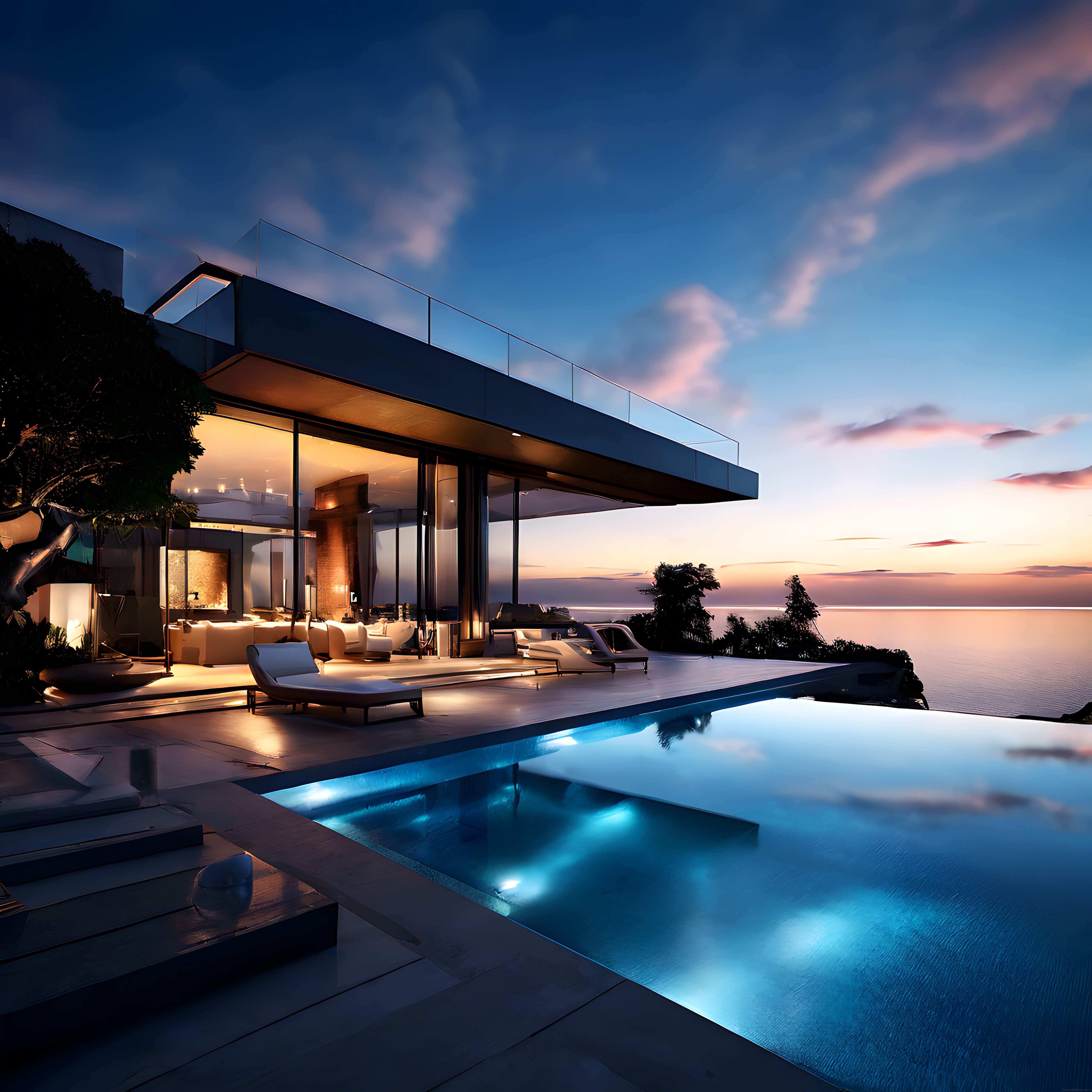 Gün Batımında Deniz Manzaralı Lüks Modern Villa ve Sonsuz Havuz