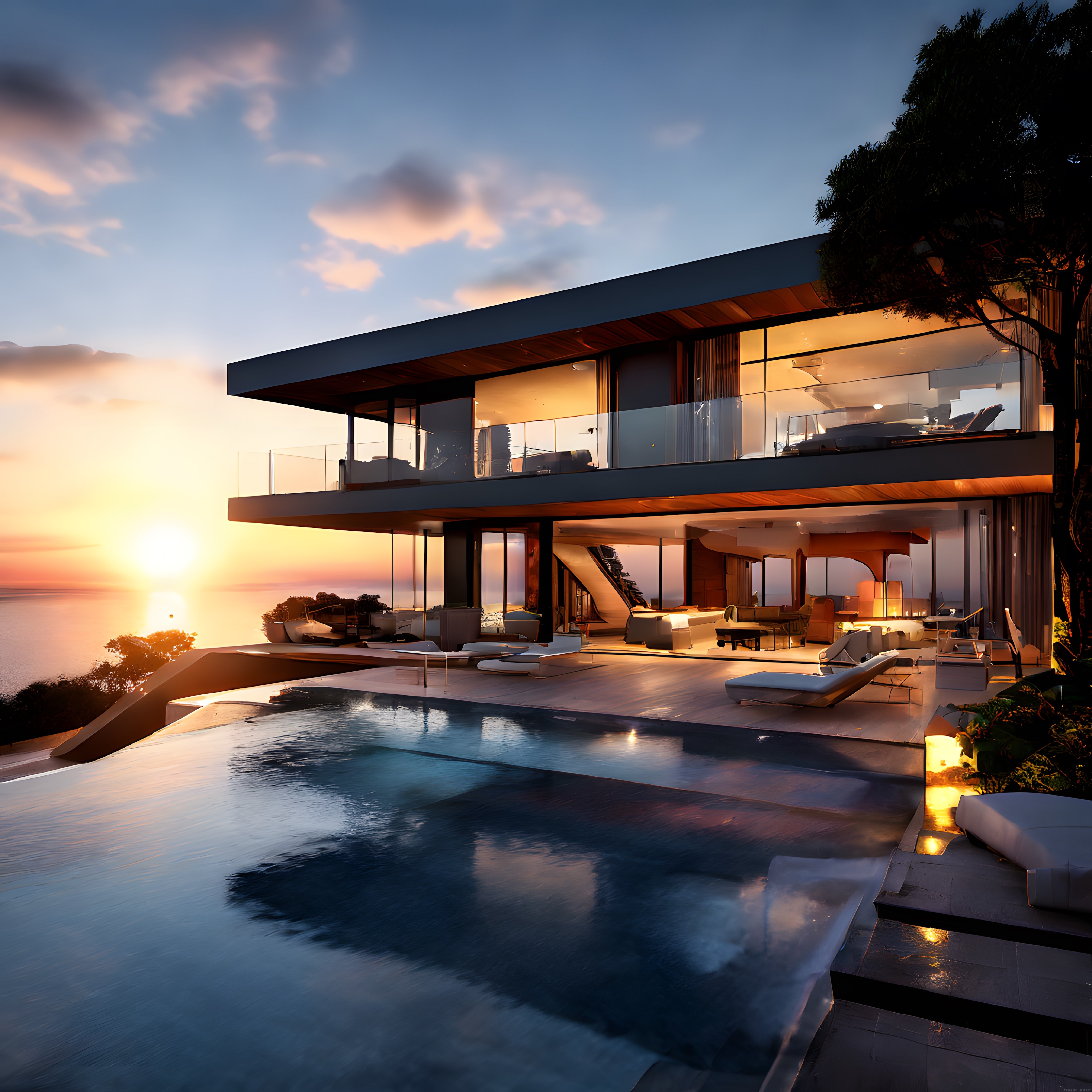 Gün Batımında Deniz Manzaralı Lüks Modern Villa ve Sonsuzluk Havuzu