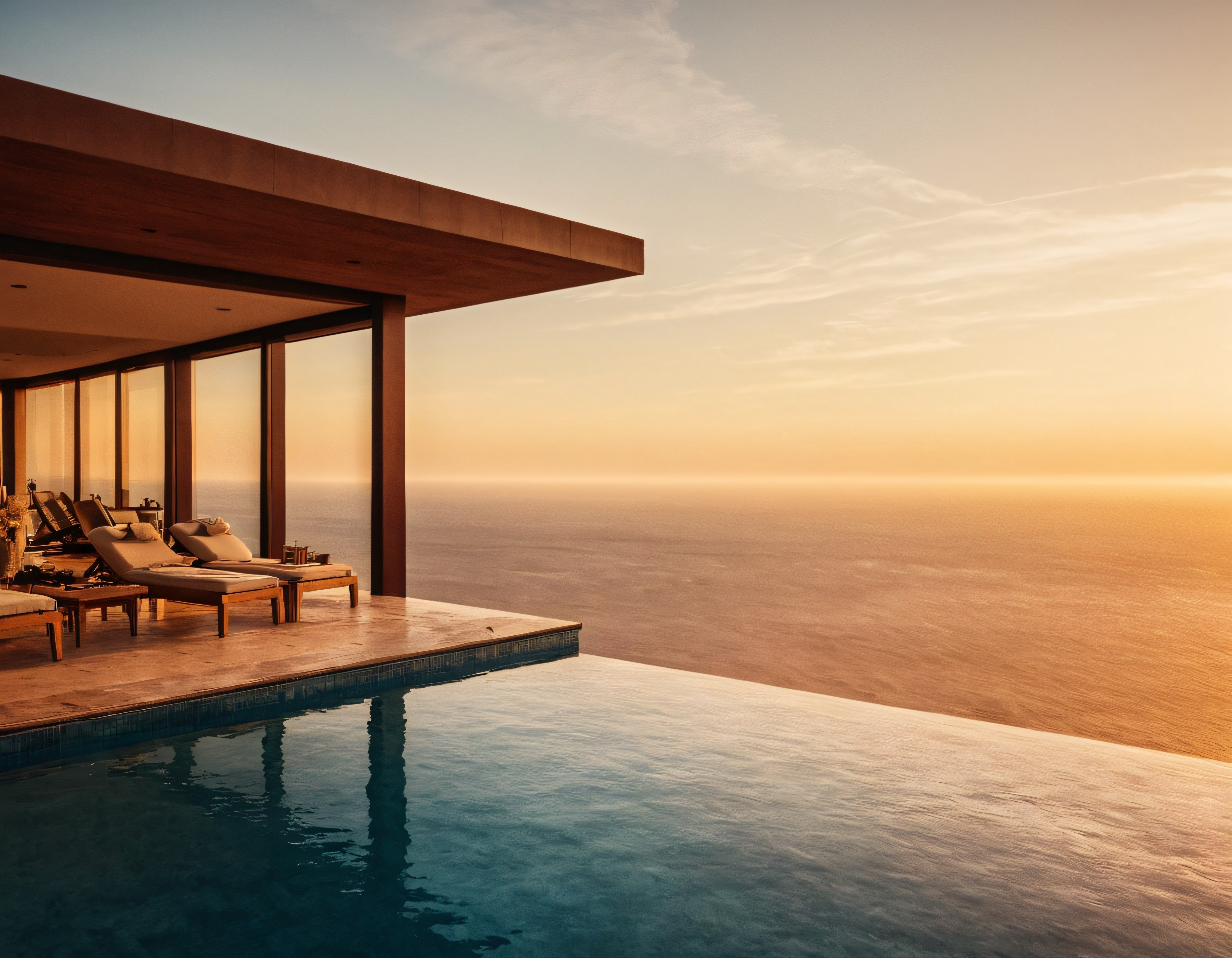 Gün Batımında Deniz Manzaralı Lüks Otel Havuzu ve Dinlendirici Atmosfer
