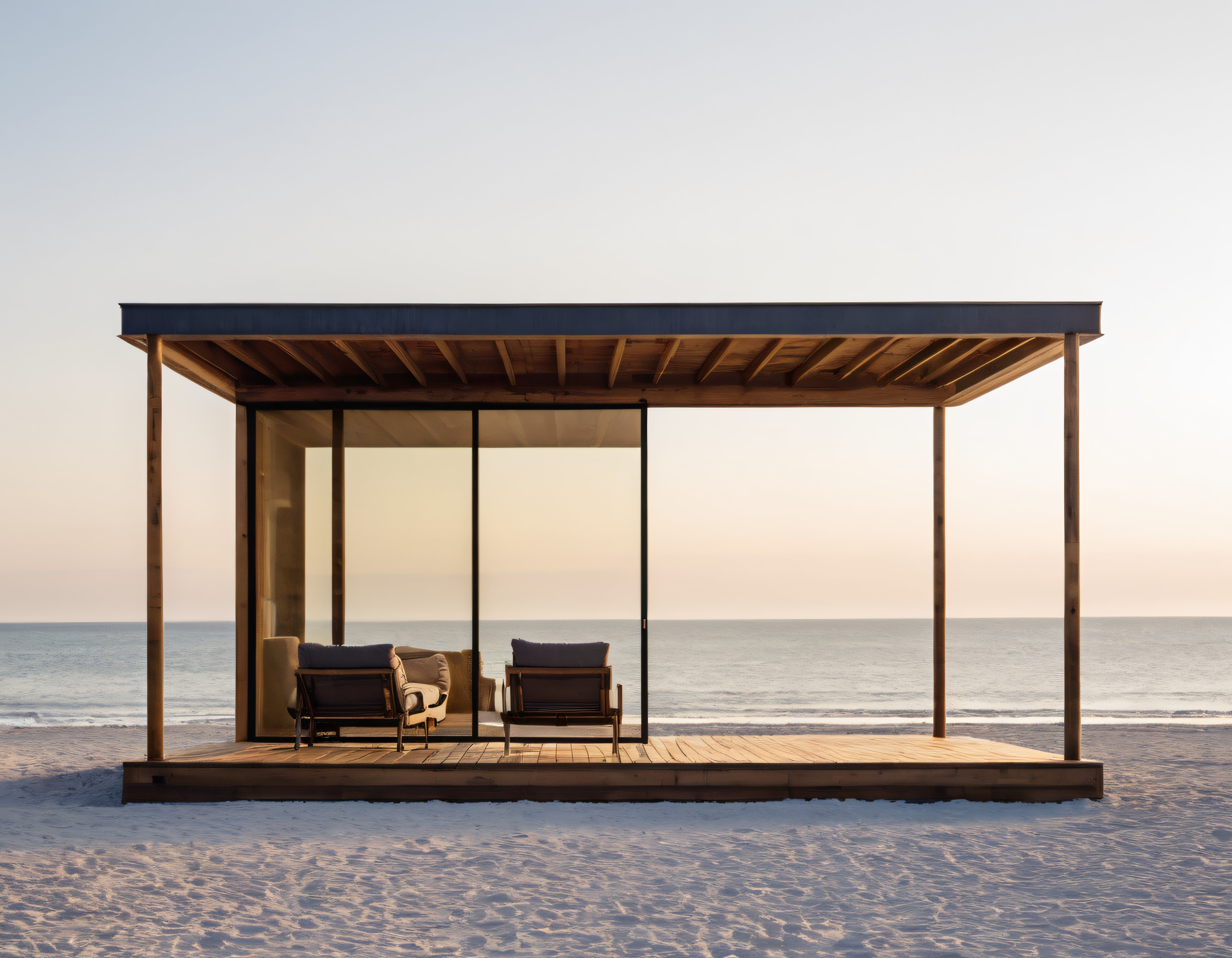 Gün Batımında Deniz Manzaralı Minimalist Sahil Evi ve Ahşap Teras Keyfi