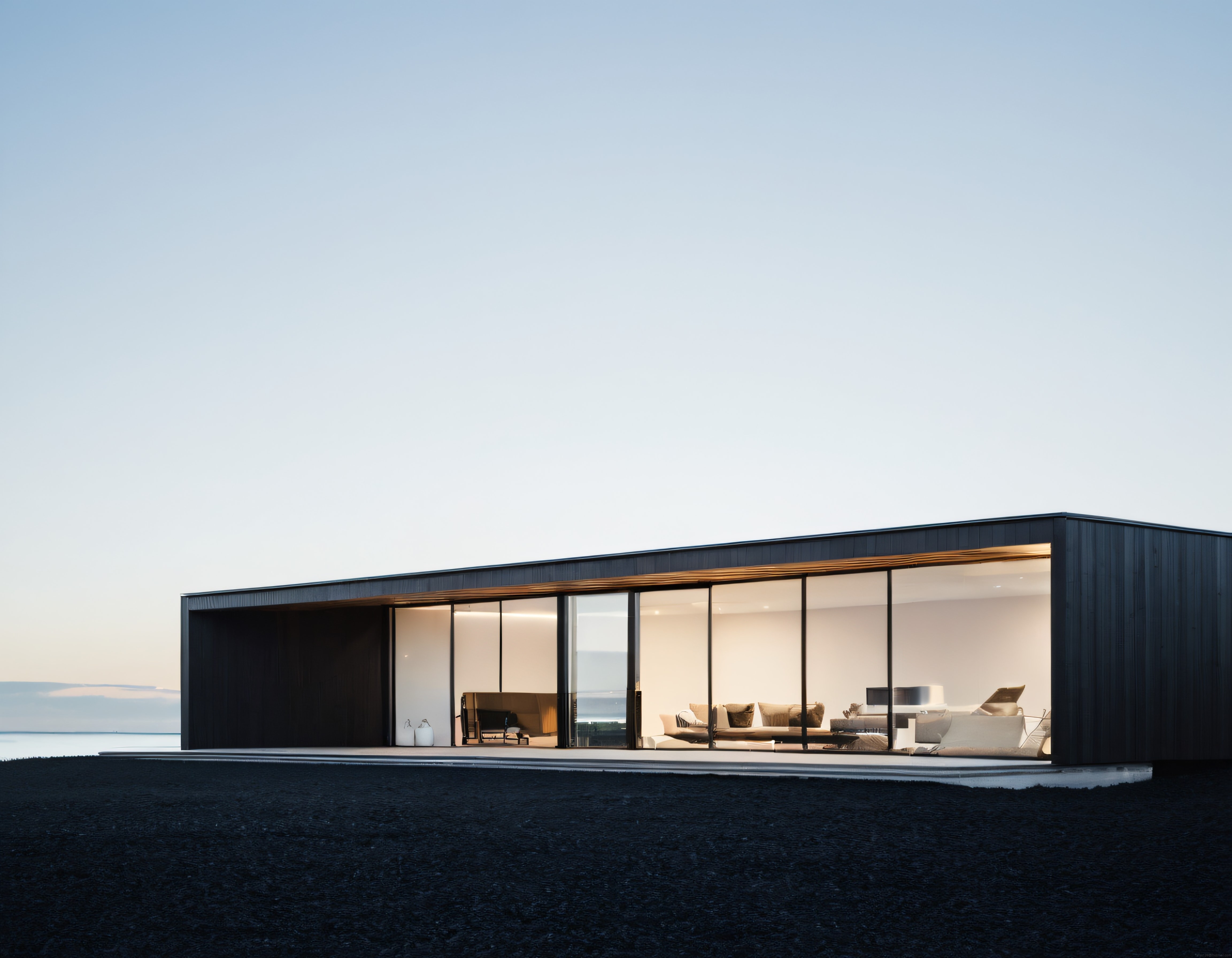 Gün Batımında Deniz Manzaralı Modern Minimalist Villa ve Geniş Cam Cephe
