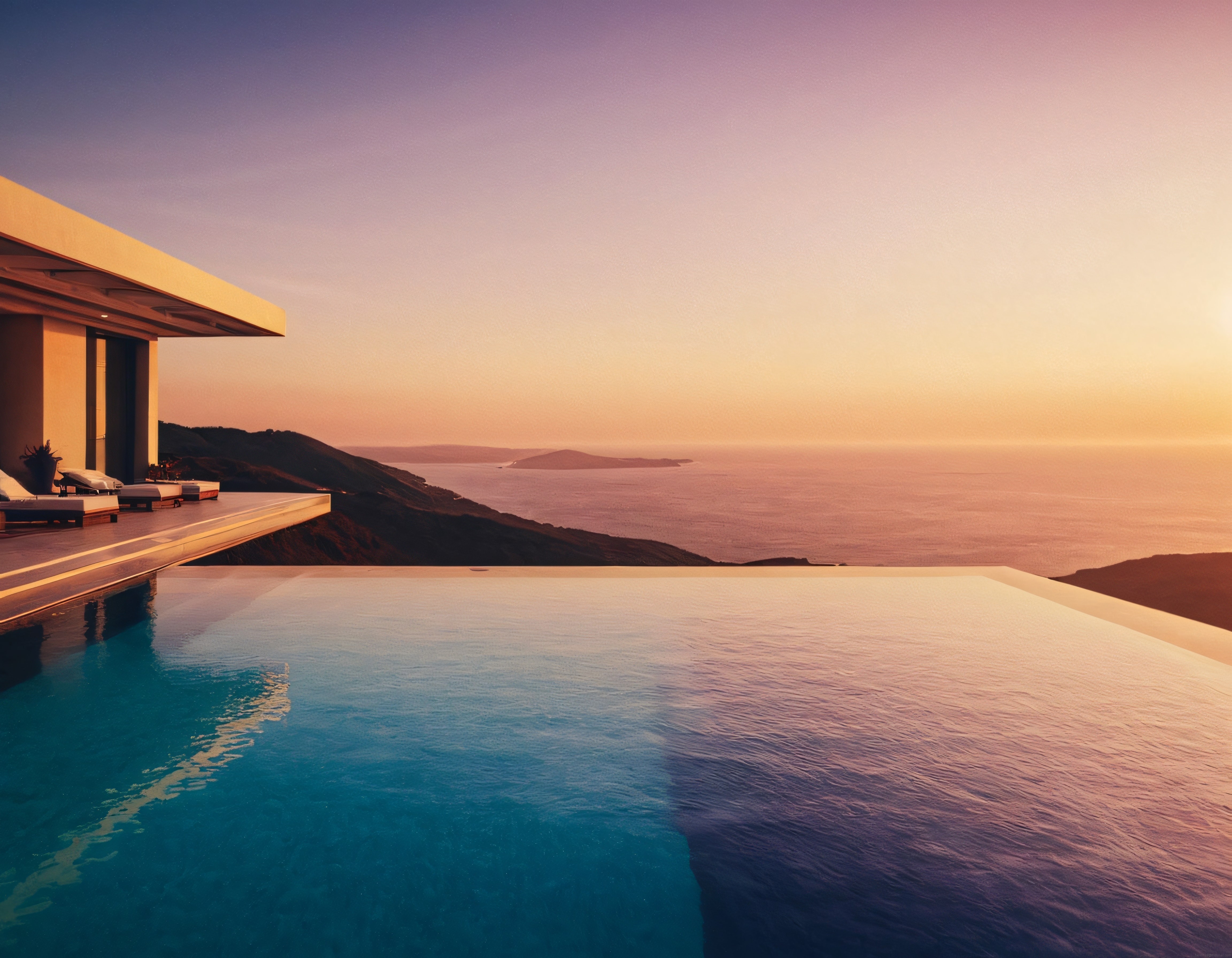 Gün Batımında Deniz Manzaralı Sonsuz Kenarlı Havuz ve Lüks Villa Terası
