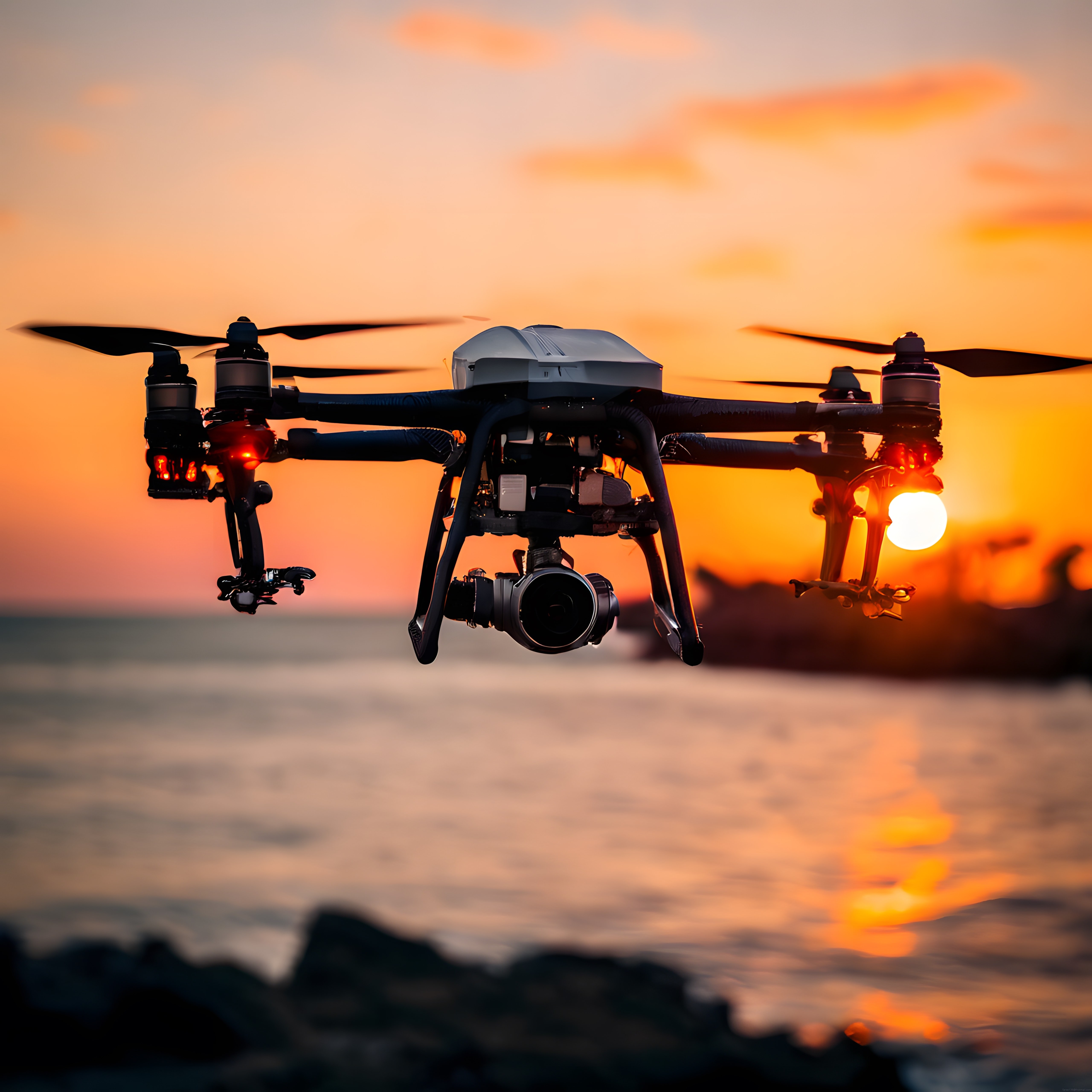 Gün Batımında Deniz Üzerinde Uçan Profesyonel Drone ve Hava Kamerası