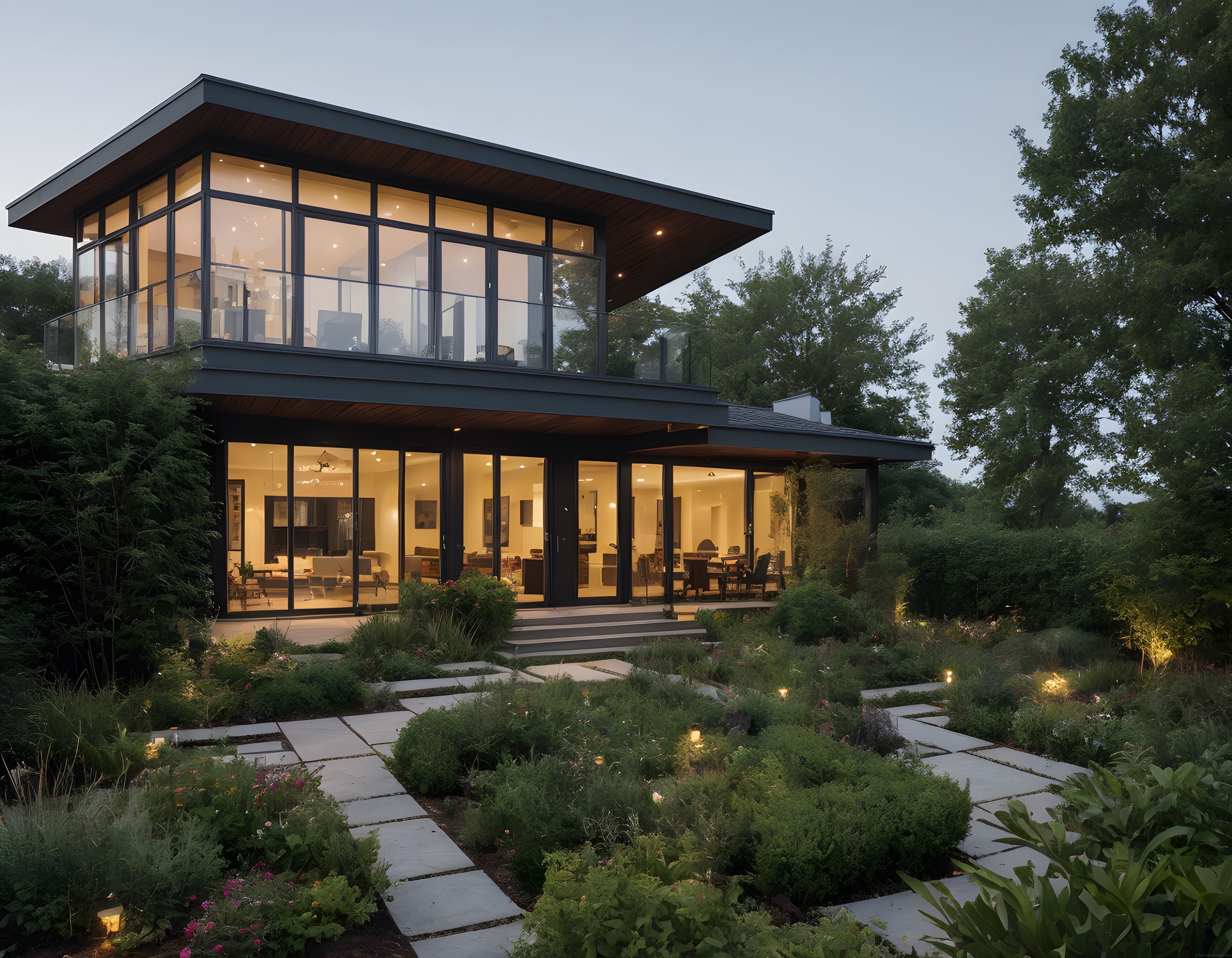 Gün Batımında Doğa İçinde Cam Cepheli Modern Lüks Villa Tasarımı