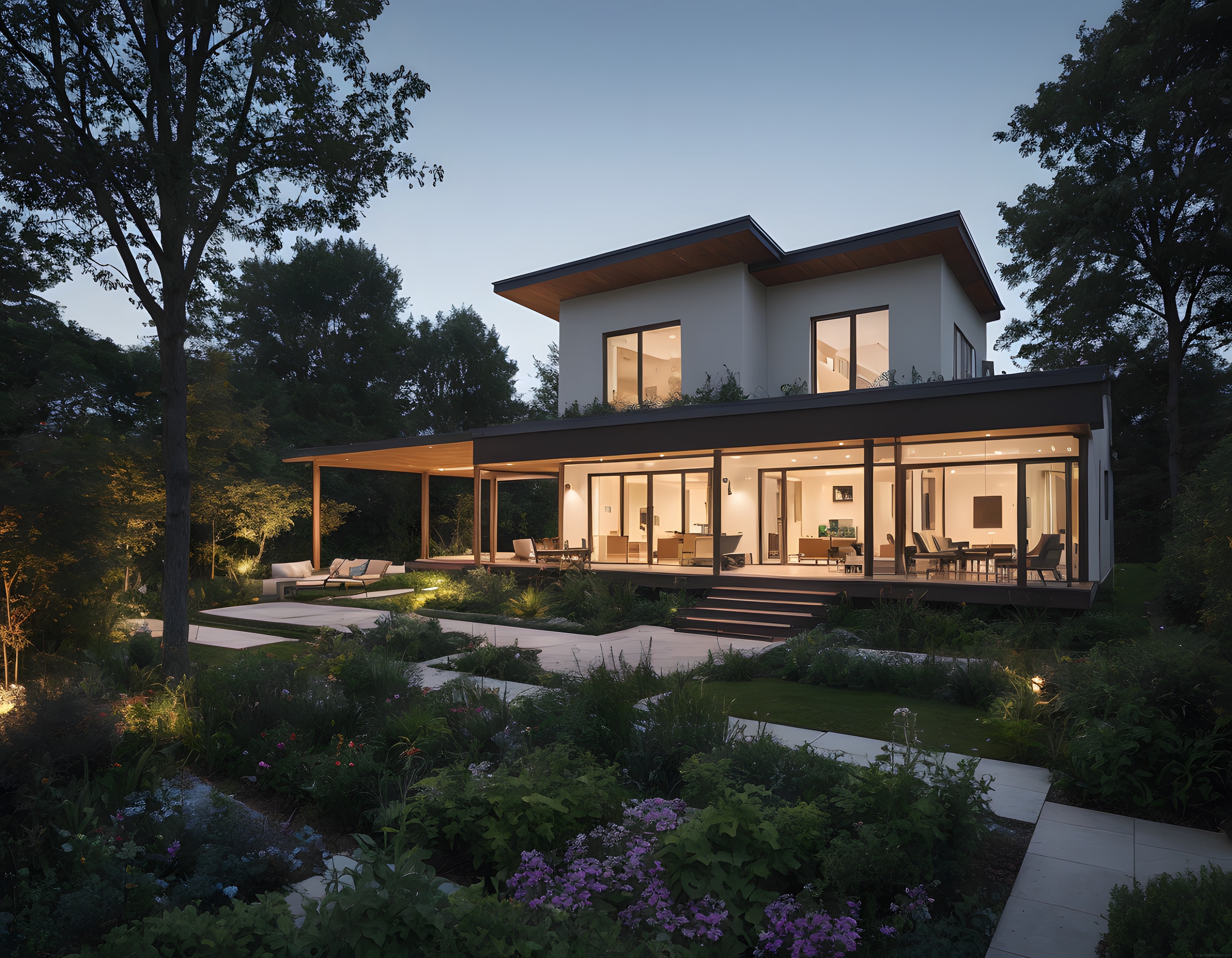 Gün Batımında Doğa İçinde Modern Cam Cepheli Villa ve Peyzaj