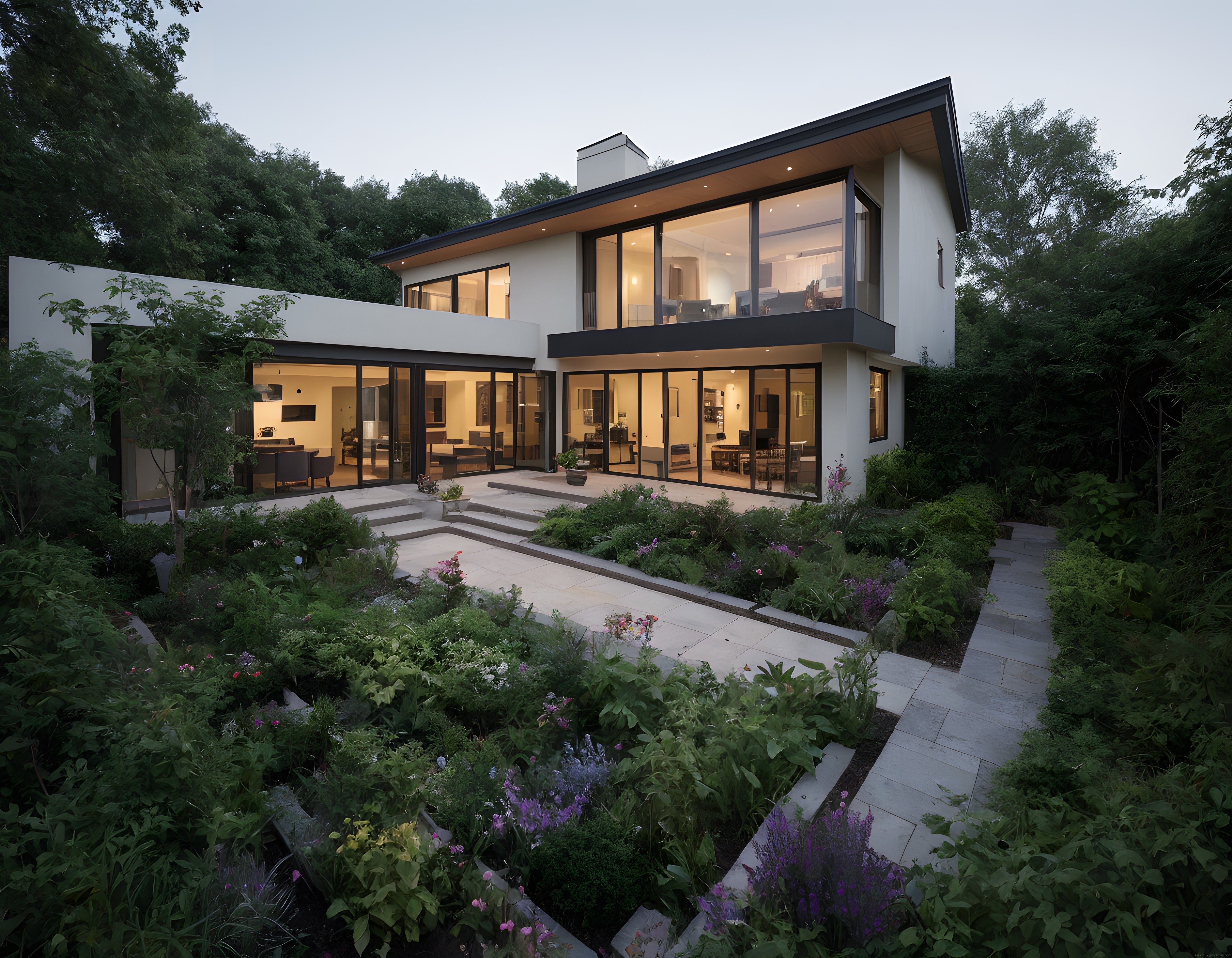 Gün Batımında Doğa İçinde Yemyeşil Bahçeyle Çevrili Cam Cepheli Modern Villa