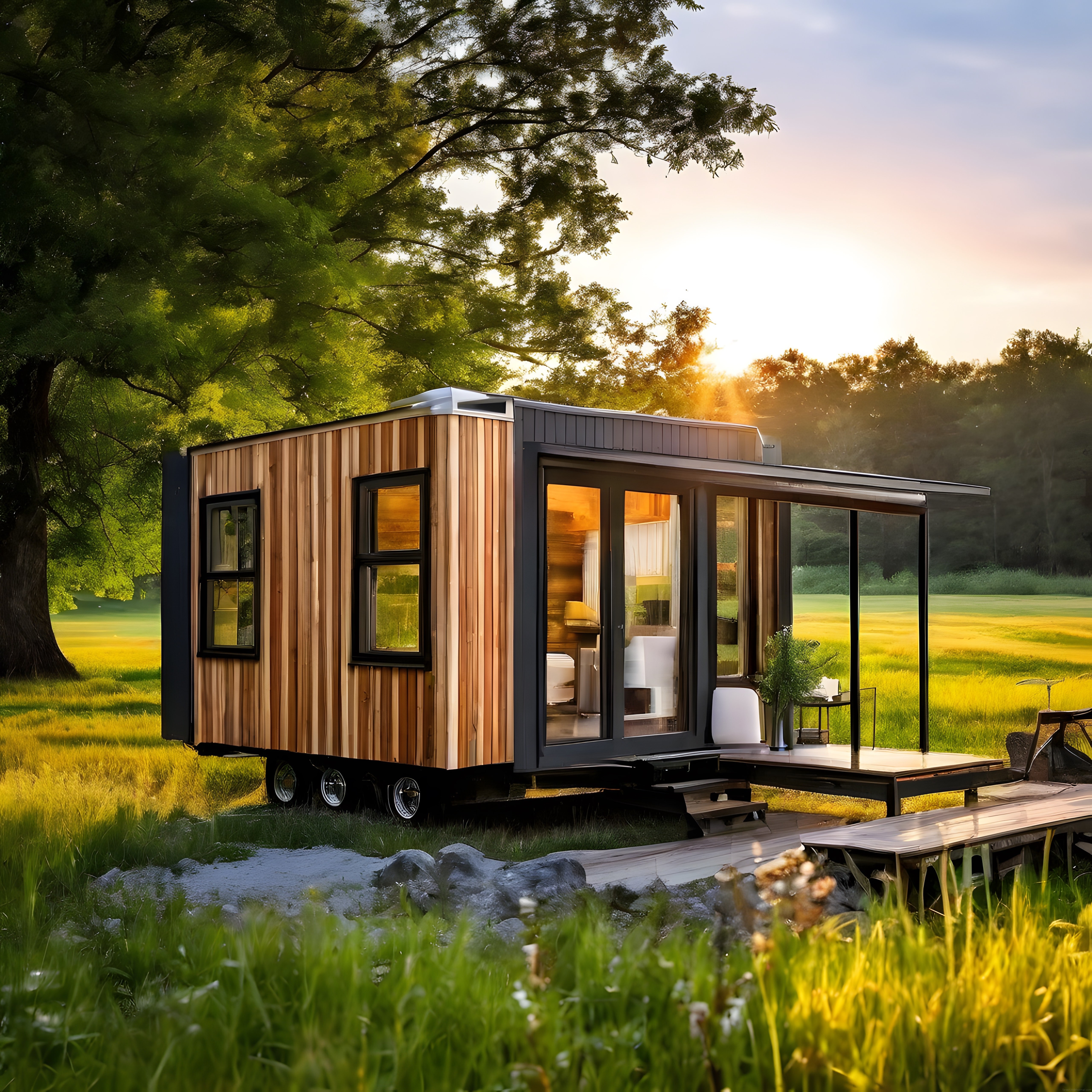 Gün Batımında Doğanın İçinde Sıcak Işıklı Modern Ahşap Tiny House Manzarası