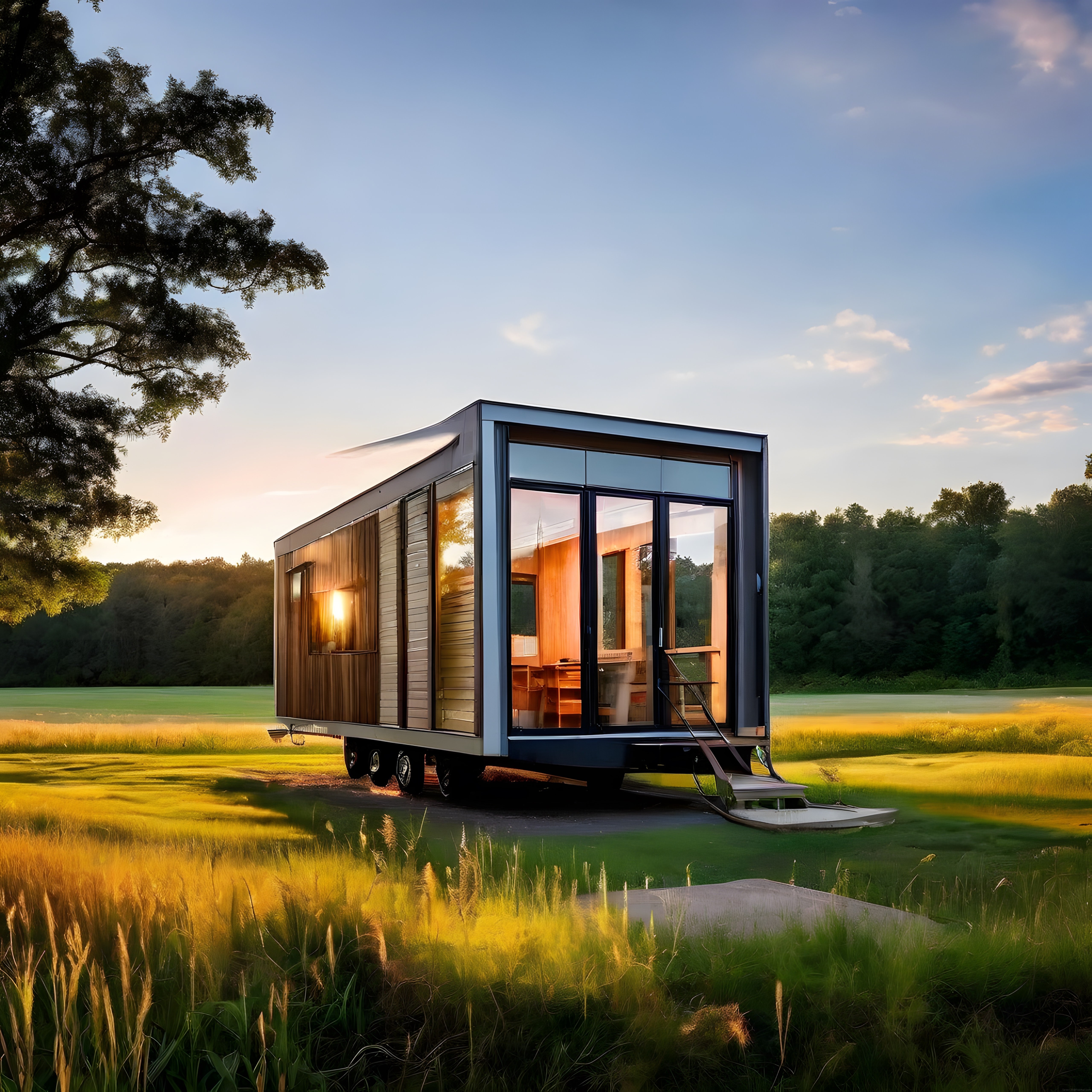 Gün Batımında Doğanın İçindeki Modern Cam Cepheli Tiny House Tasarımı