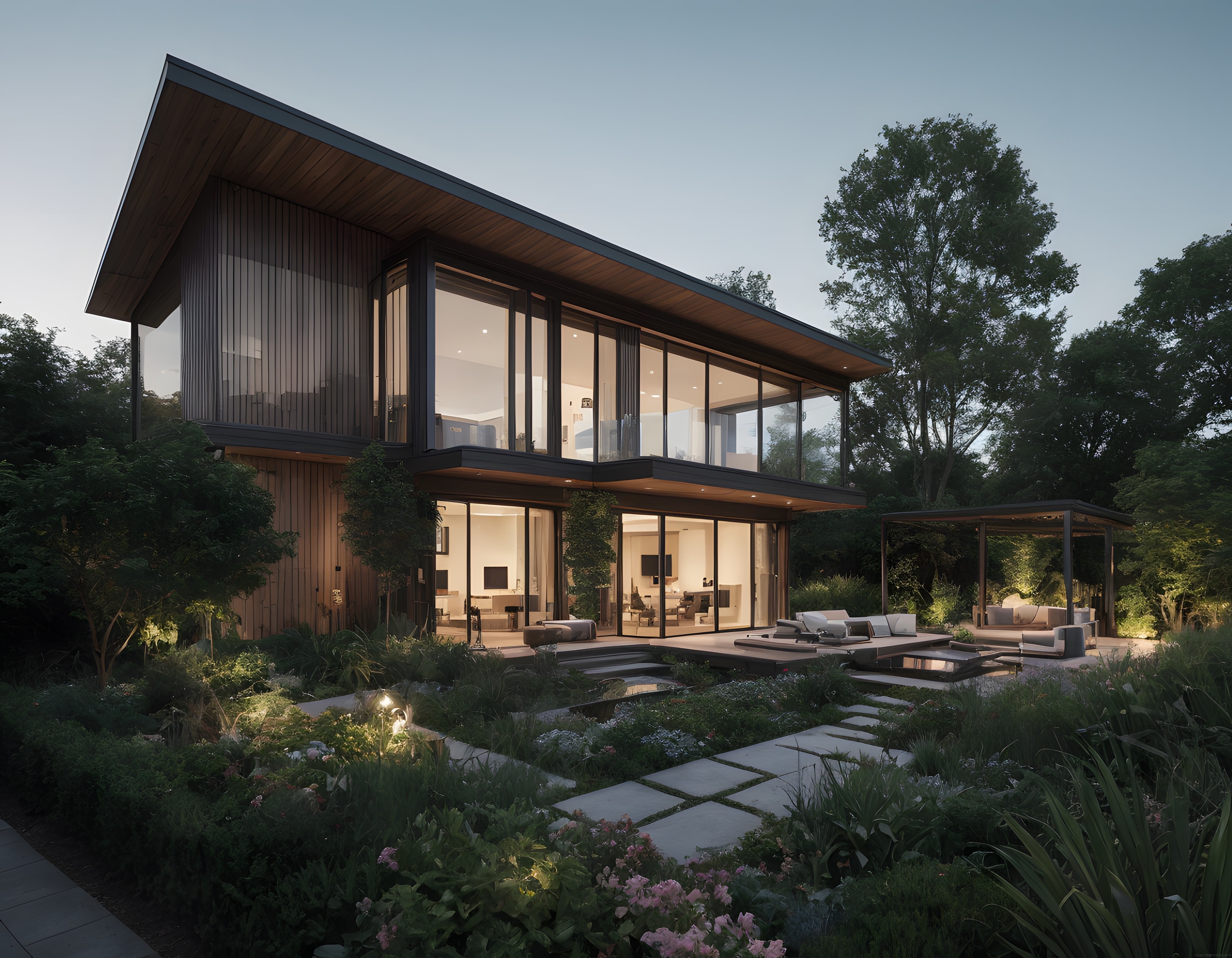 Gün Batımında Doğayla İç İçe Geçmiş Lüks Modern Cam ve Ahşap Villa