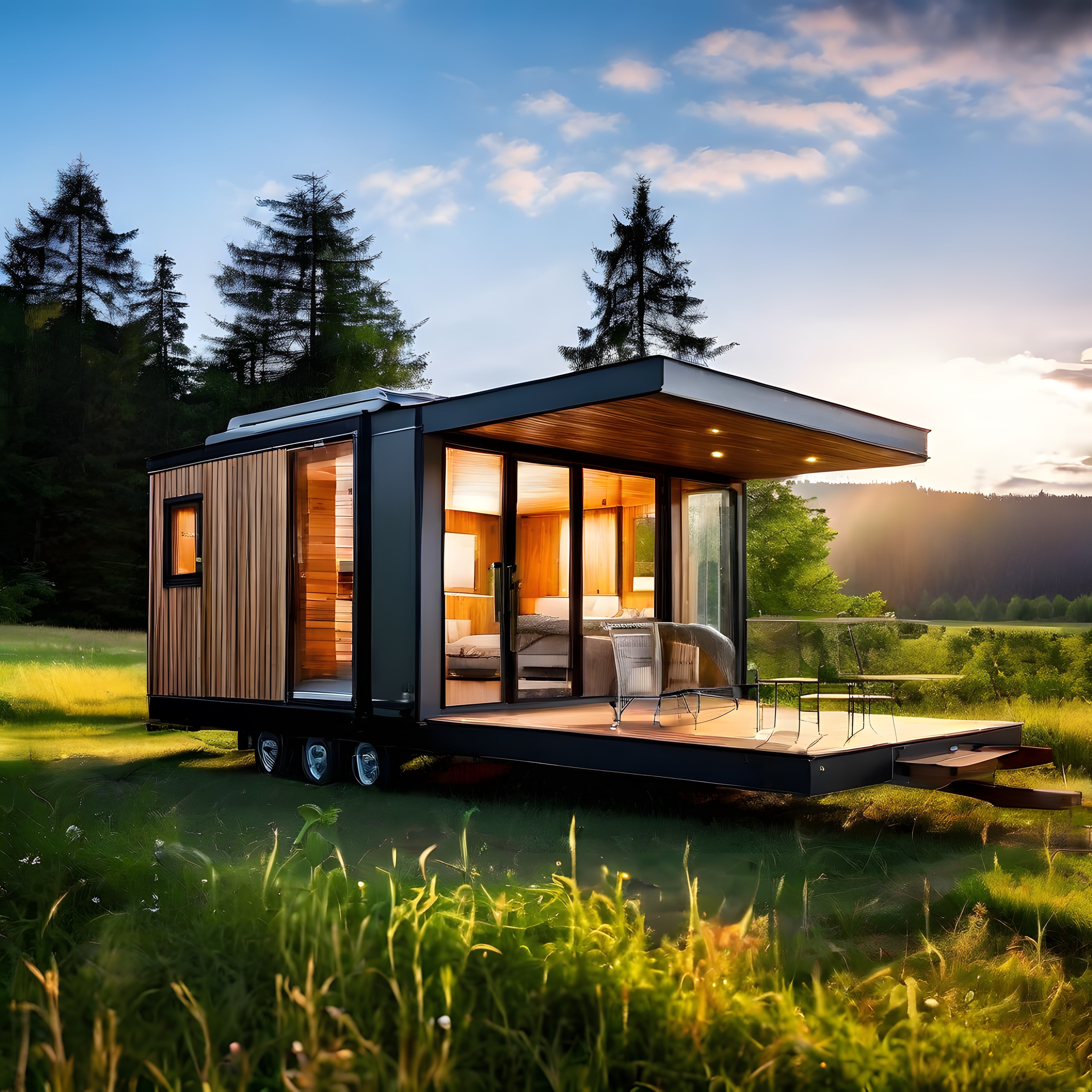 Gün Batımında Doğayla İç İçe Modern Tekerlekli Tiny House ve Minimal Yaşam