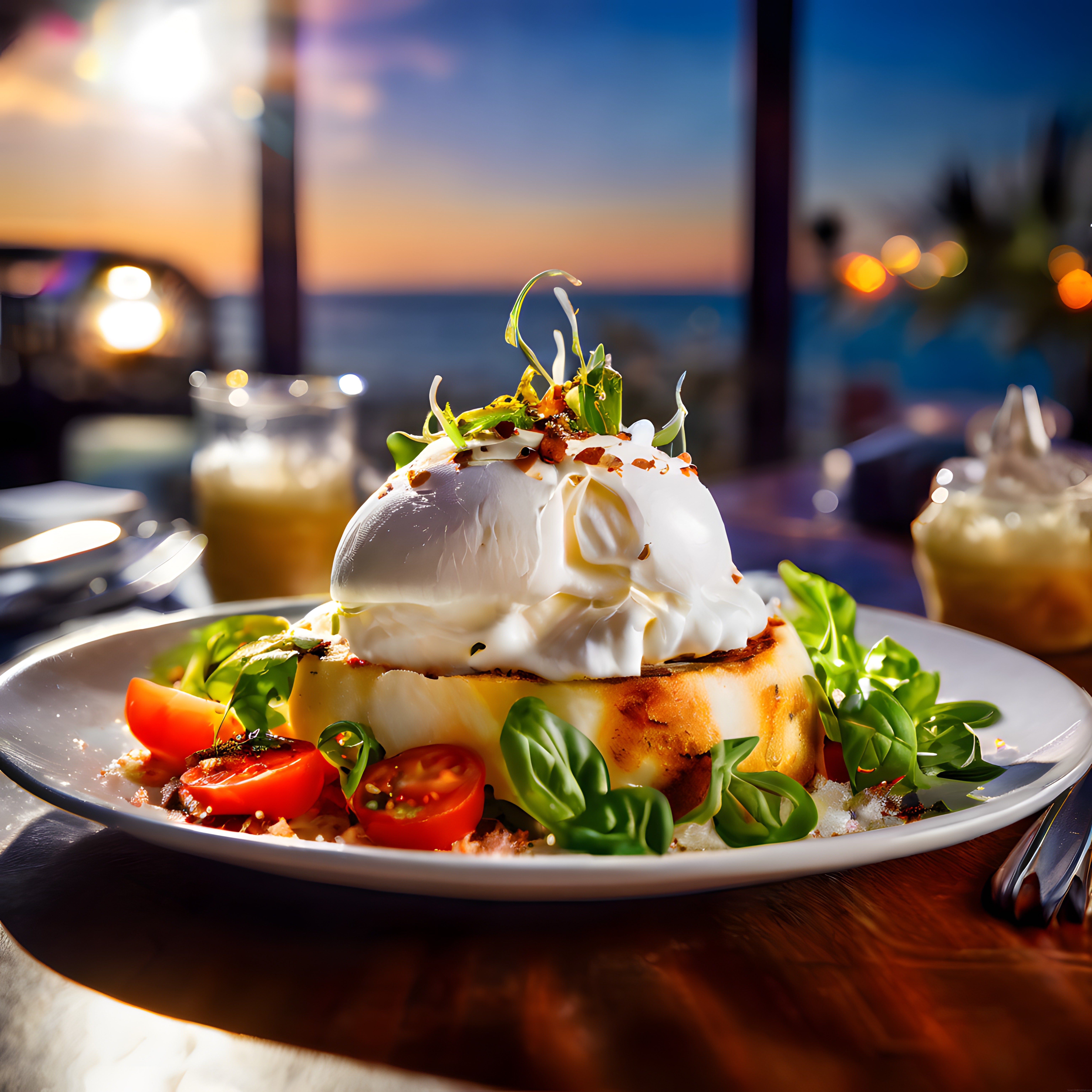 Gün Batımında Ekmek Üstü Poşe Yumurta ile Romantik Restoran Kahvaltısı