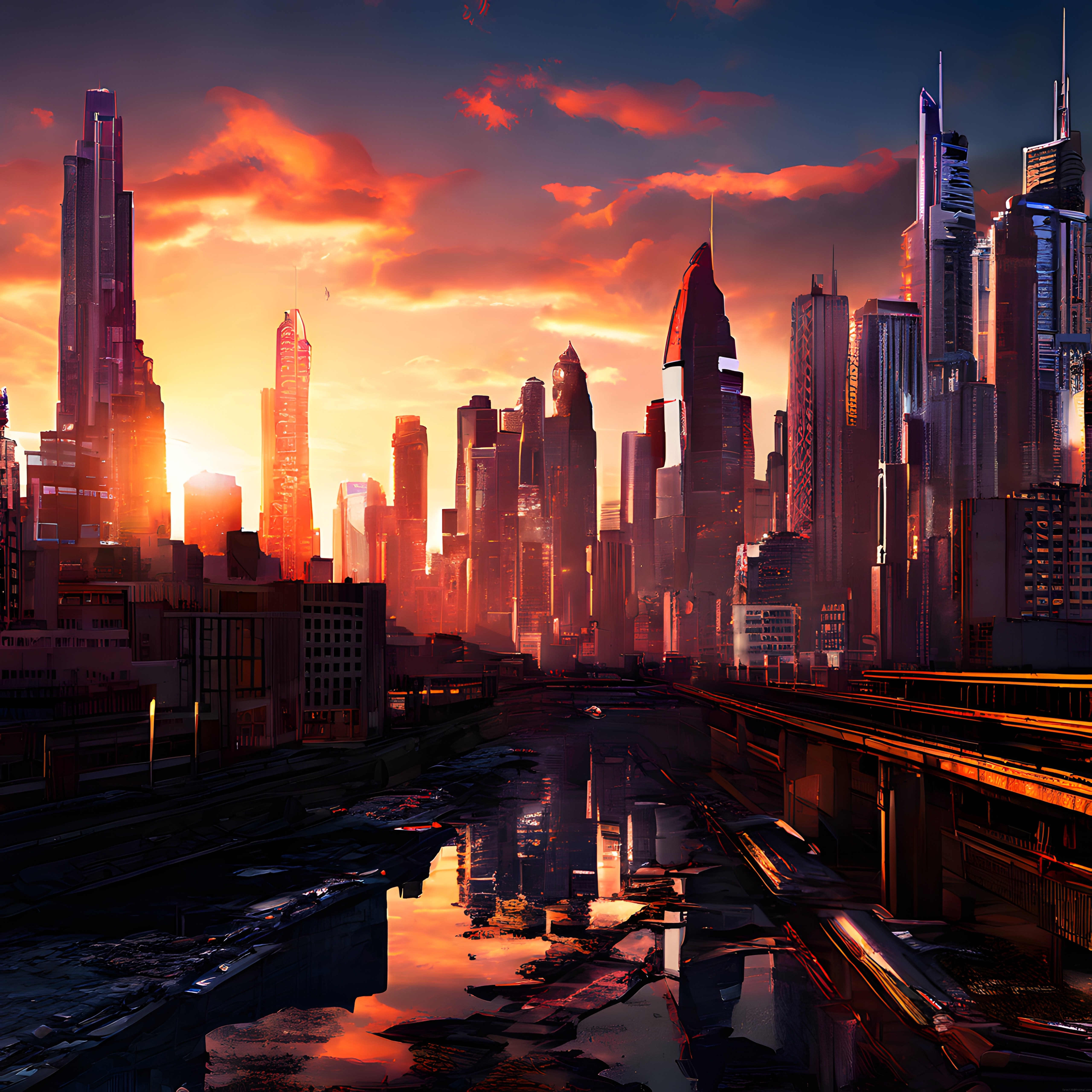 Gün Batımında Fütüristik Cyberpunk Şehir: Islak Caddelerde Gökdelen Yansımaları