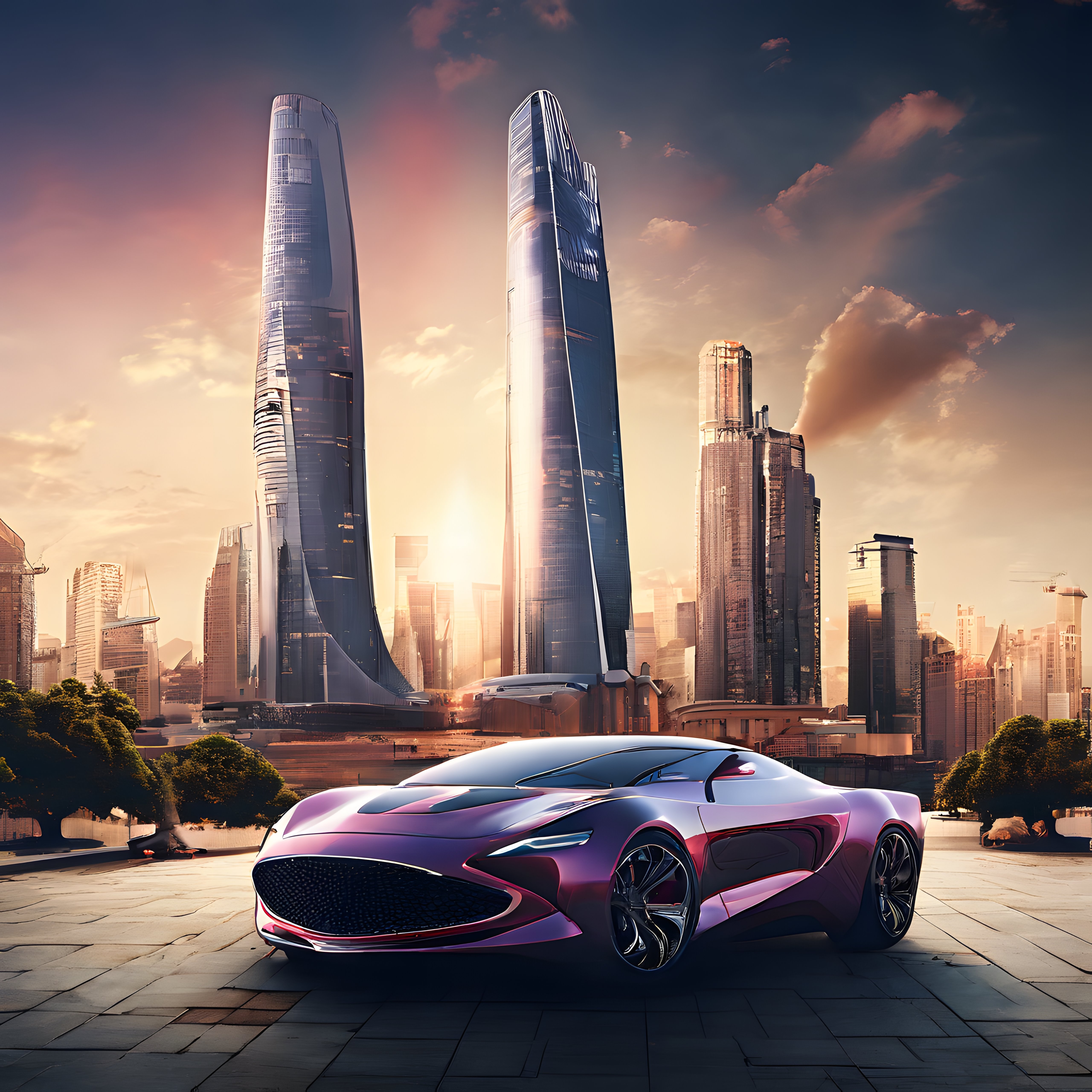 Gün Batımında Geleceğin Metropolünde Parlayan Mor Futuristik Konsept Otomobil