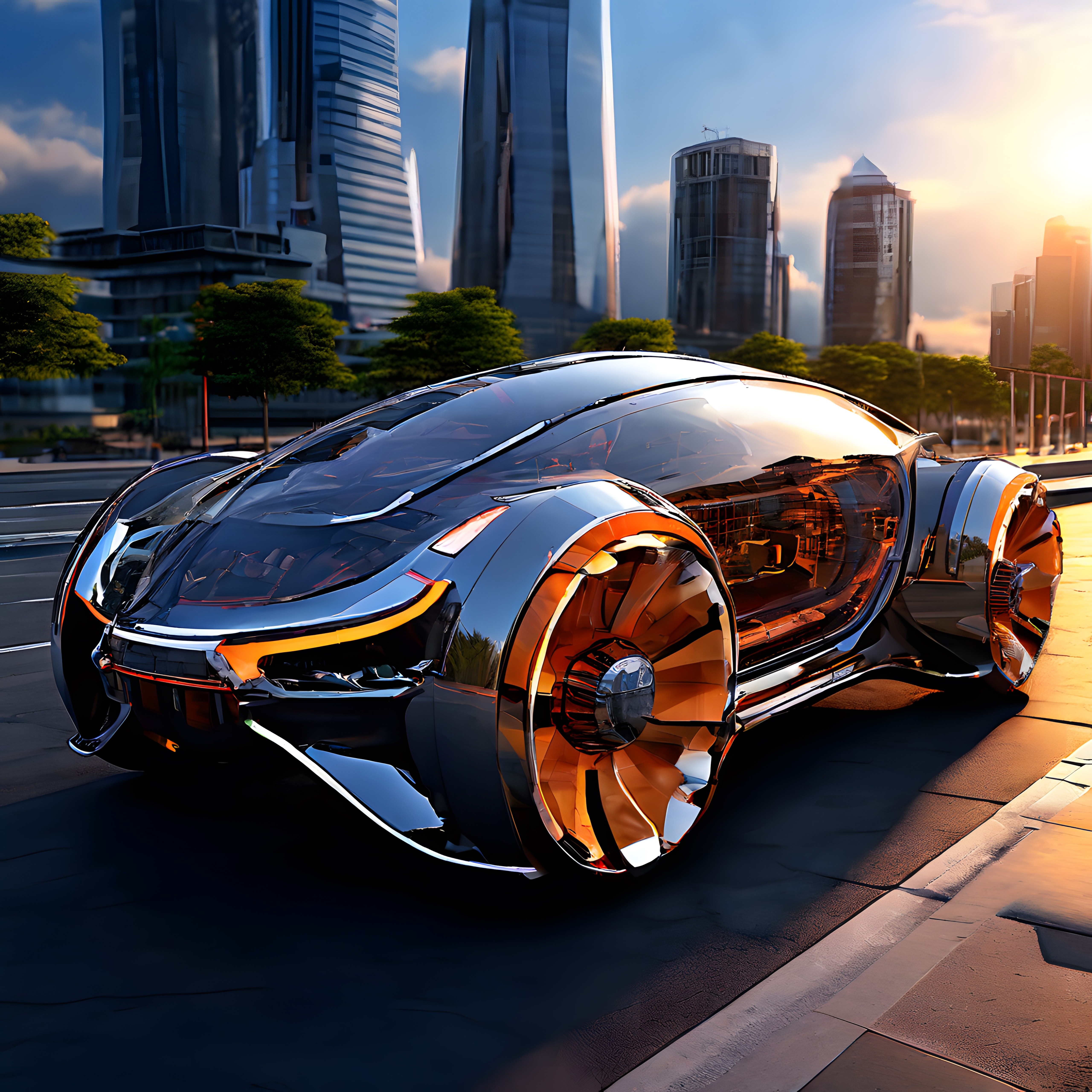 Gün Batımında Gökdelenler Önünde Parlayan Krom Futuristik Konsept Otomobil