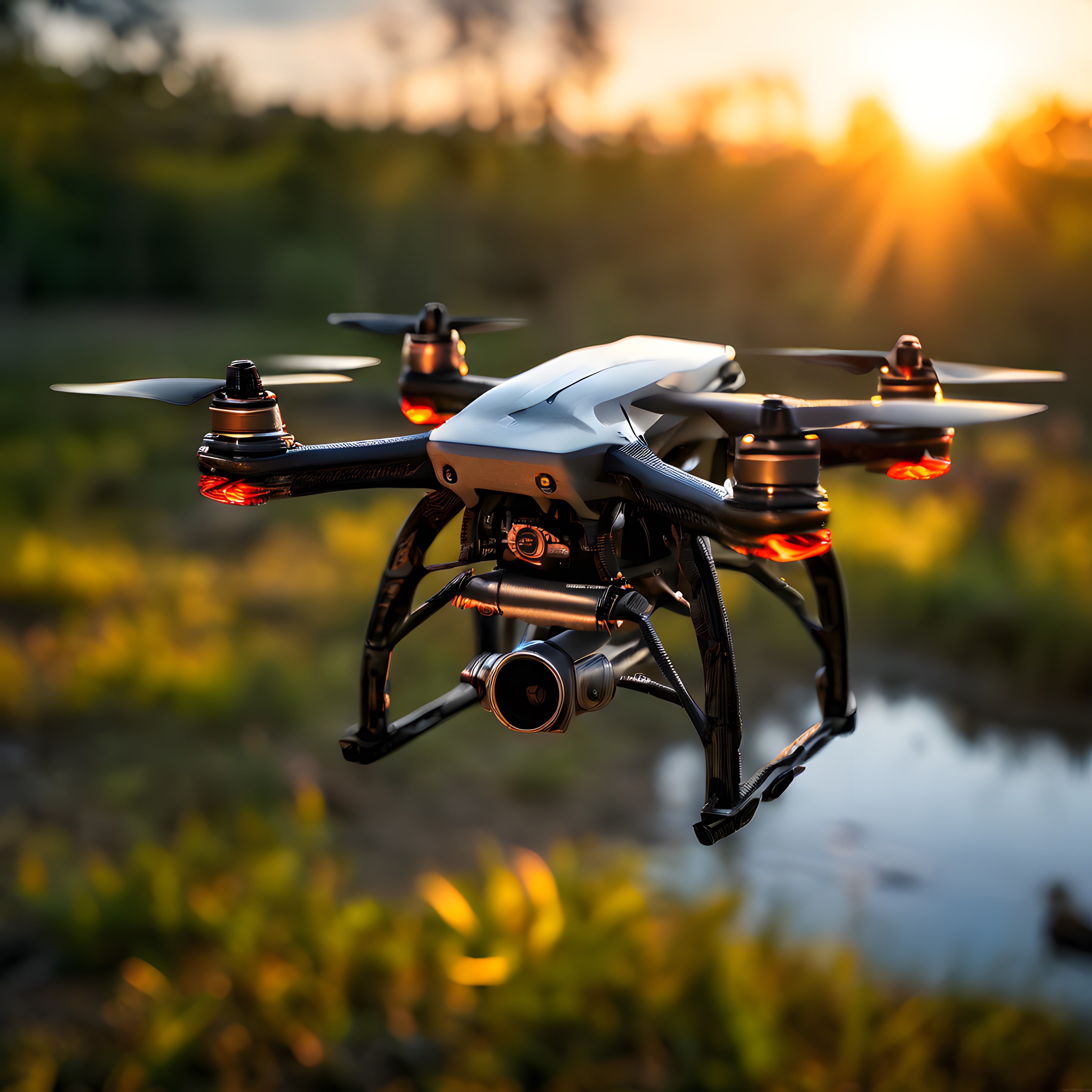Gün Batımında Göl Kenarında Uçan Profesyonel Drone ve Doğa Manzarası