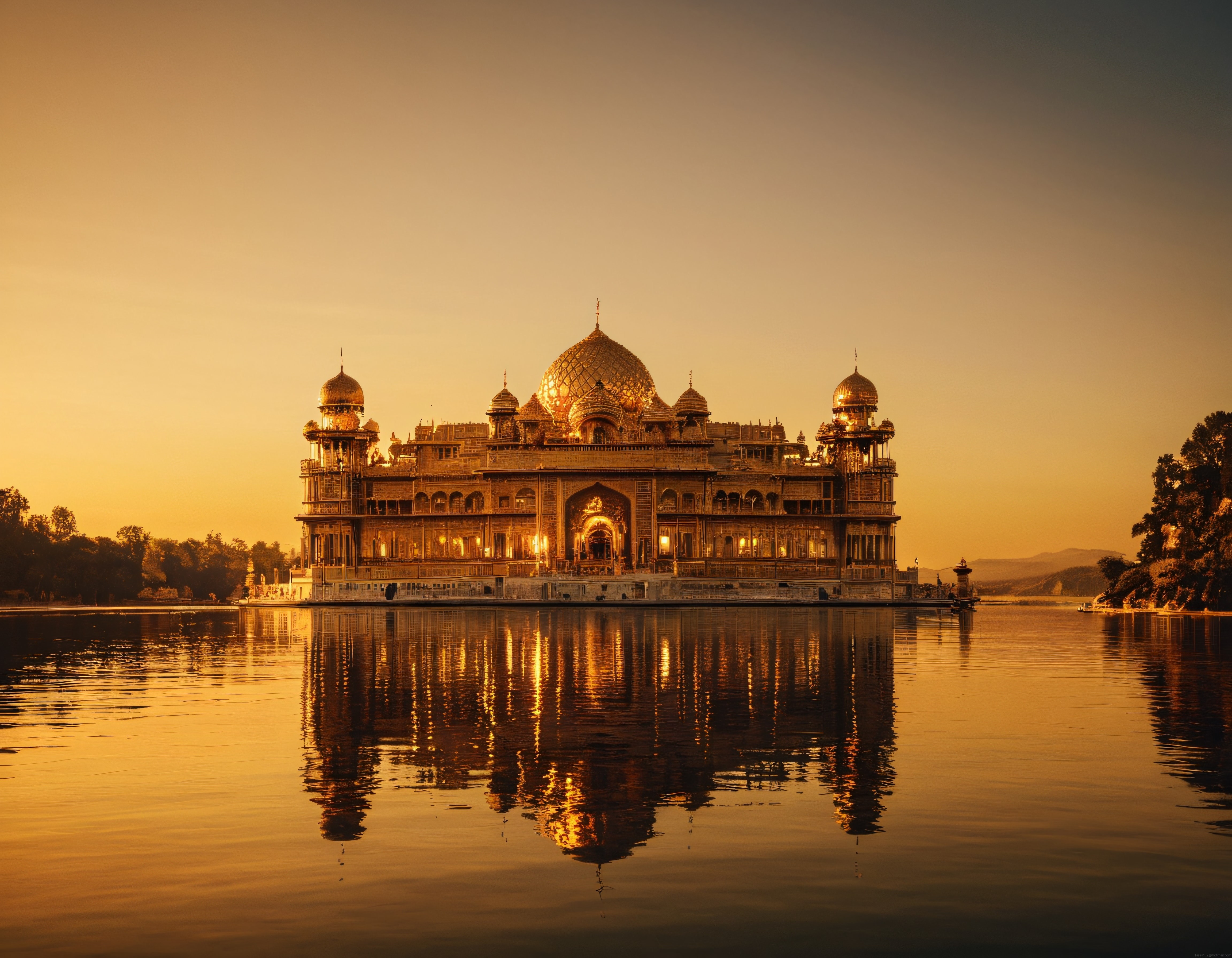 Gün Batımında Göl Ortasındaki Muhteşem Jal Mahal ve Yansıması
