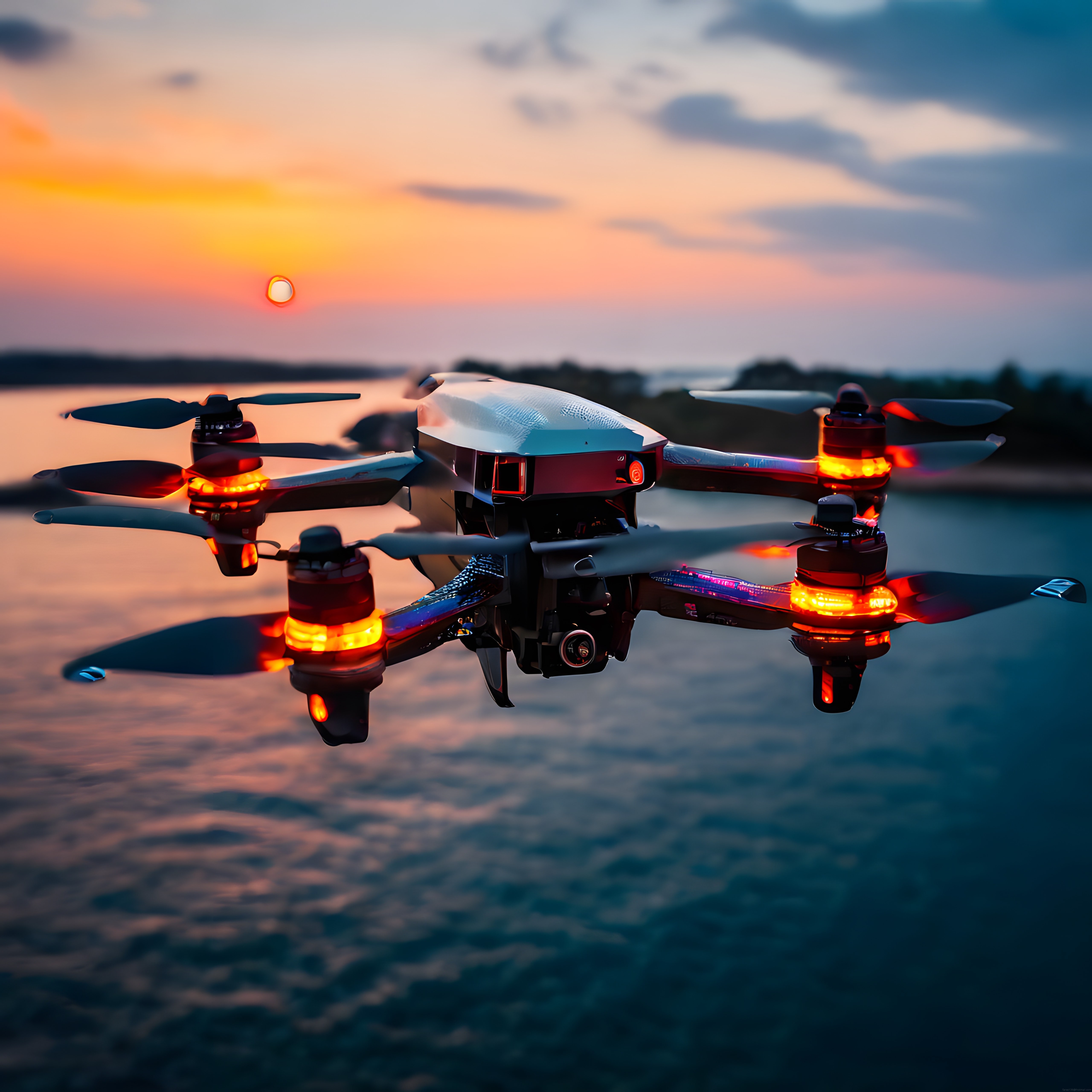 gün batımında göl üzerinde uçan drone ve doğa ile teknolojinin buluşması