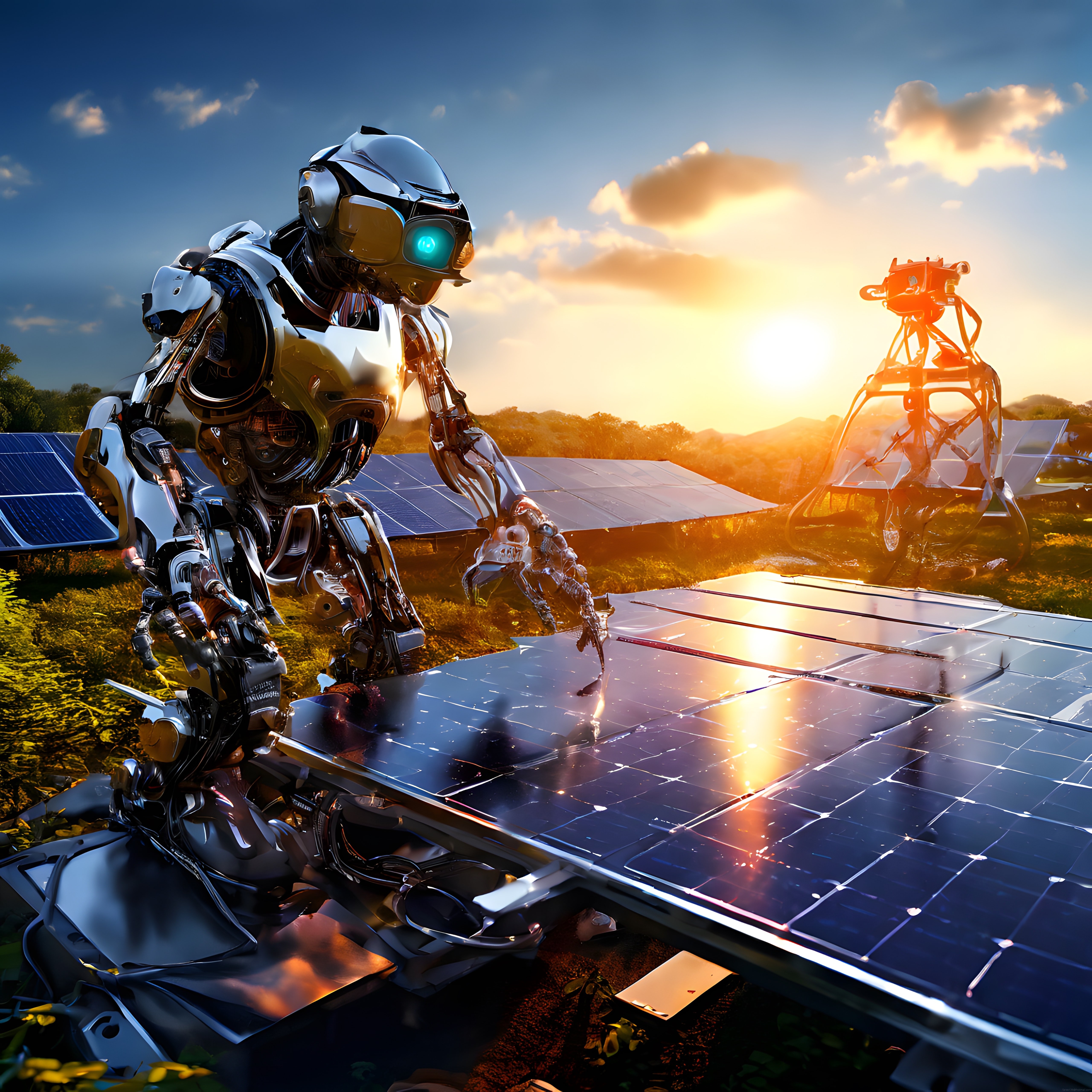 Gün batımında güneş panellerini kontrol eden geleceğin robot işçisi
