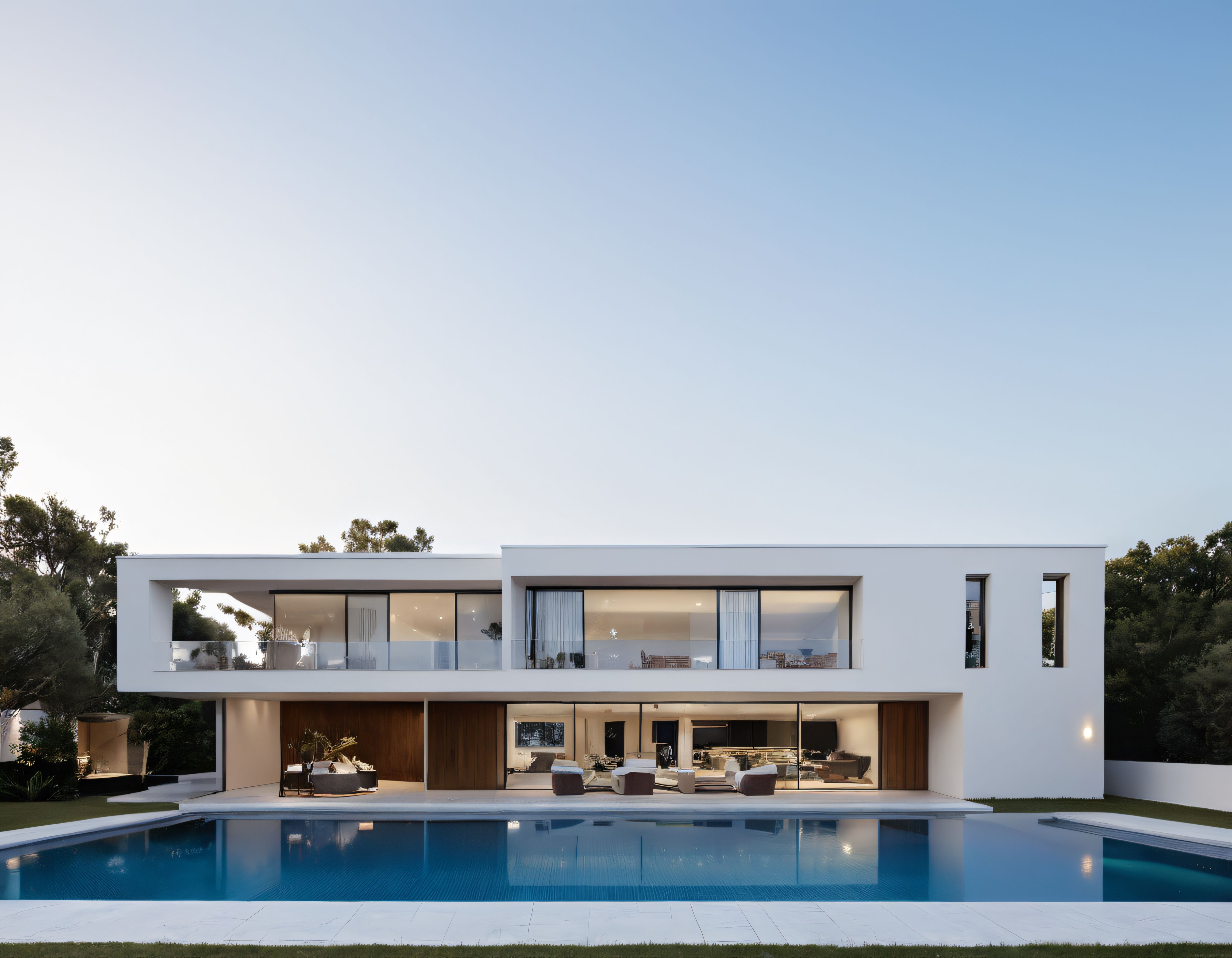 Gün batımında havuz başı modern minimalist beyaz villa ve geniş camlı cephe