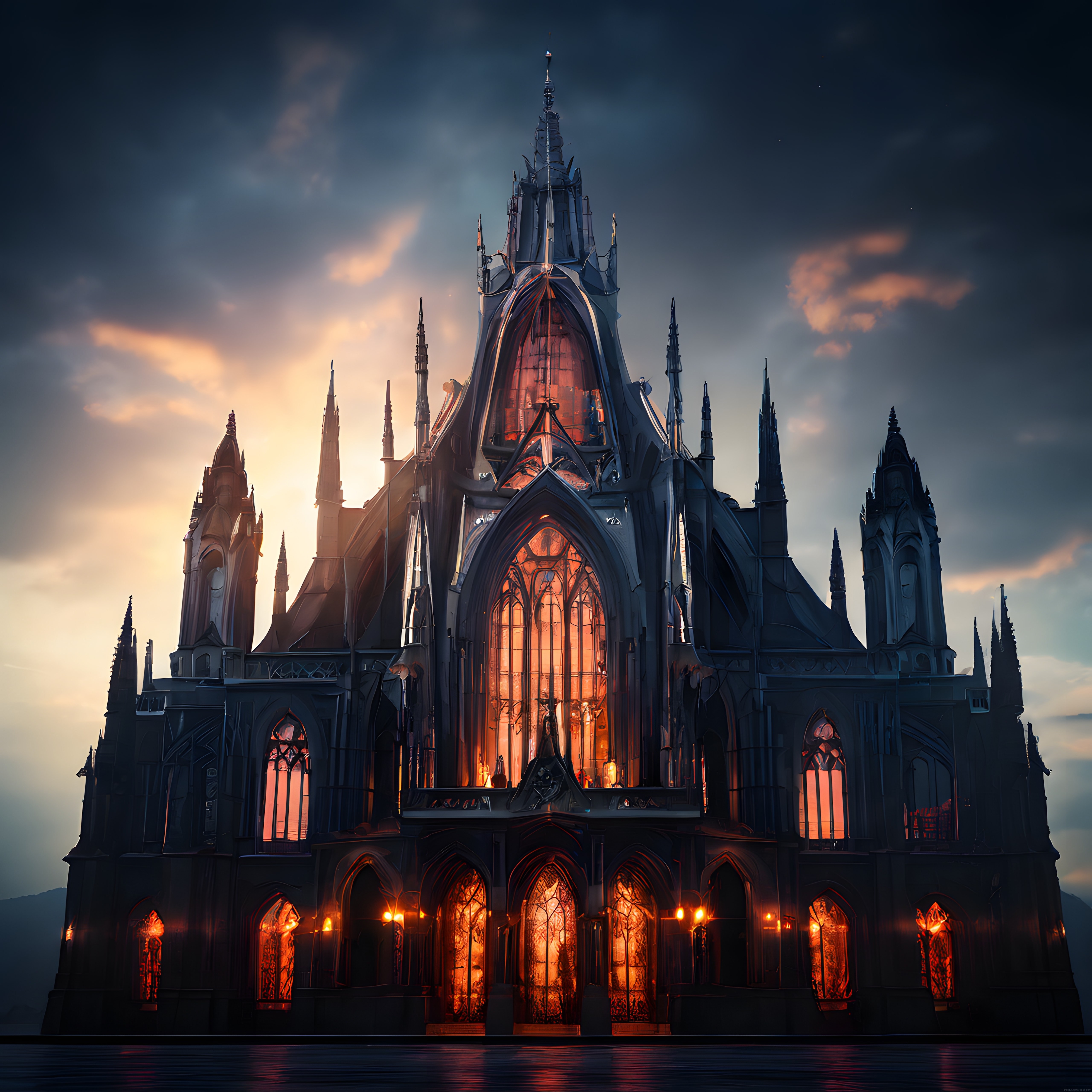 Gün Batımında İçten Işıklandırılmış Gotik Bir Katedral ve Dramatik Gökyüzü