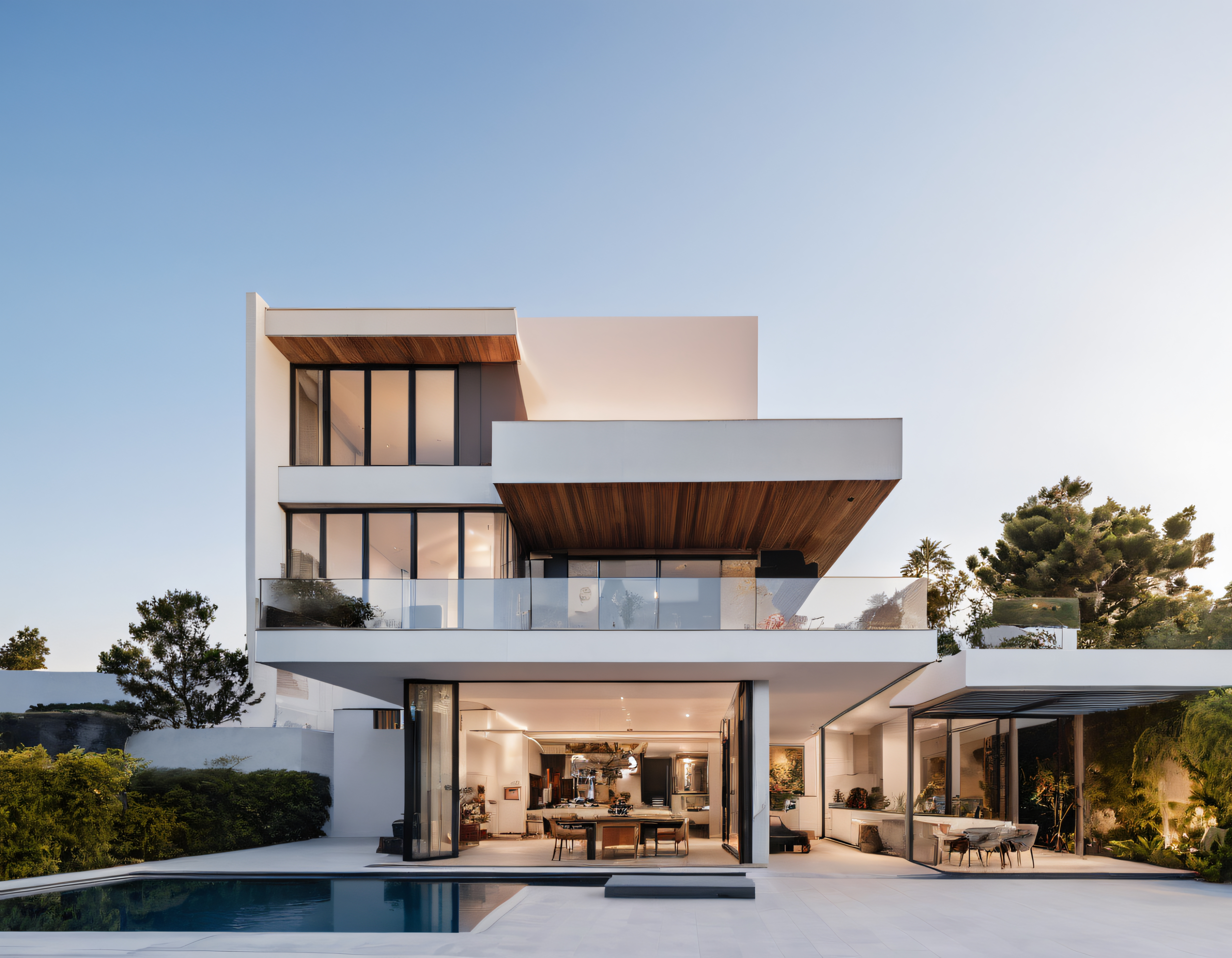 Gün Batımında Işıklandırılmış Çağdaş Lüks Villa ve Yüzme Havuzu