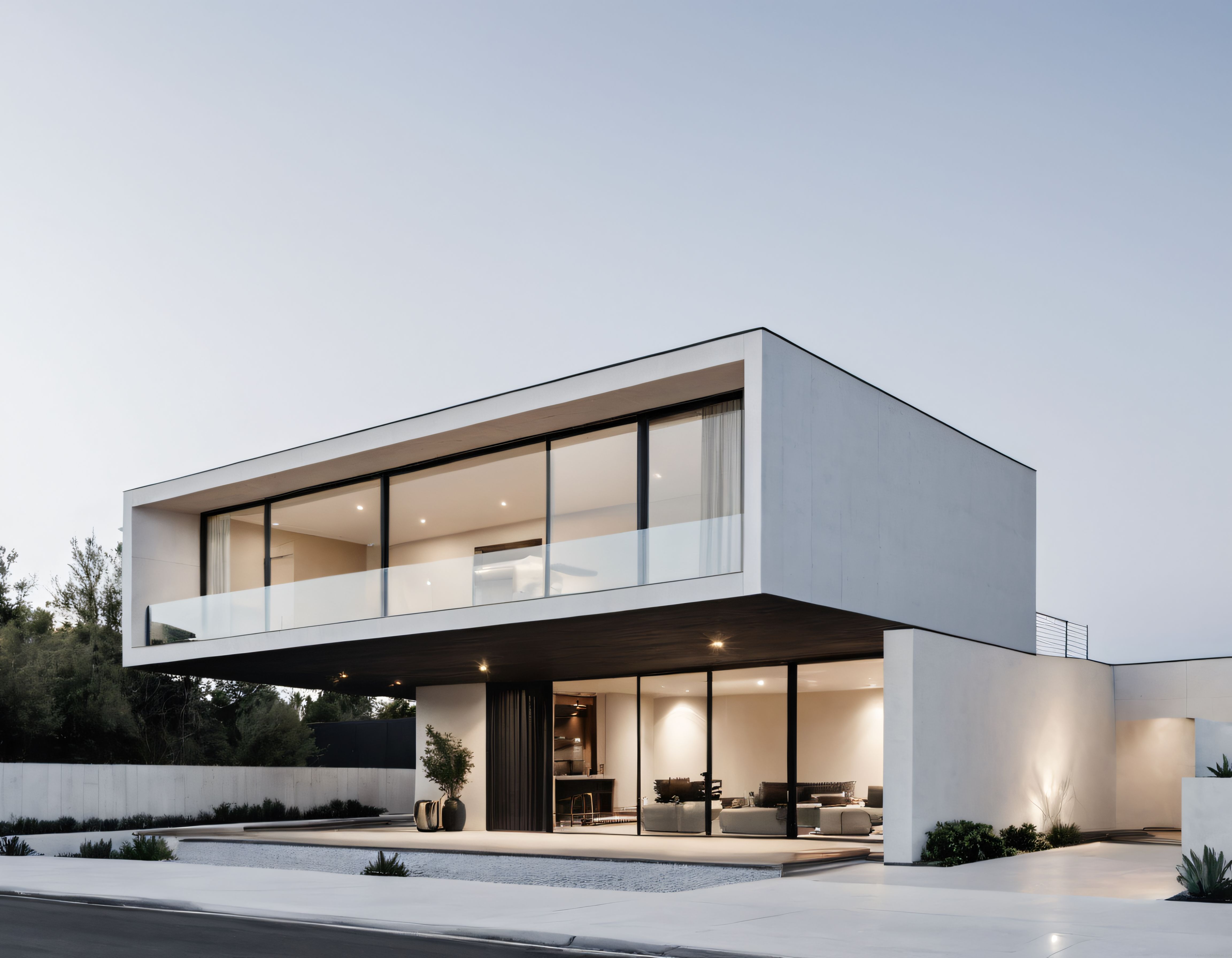 Gün Batımında Işıklandırılmış Çağdaş Minimalist Ev ve Havuz Manzarası