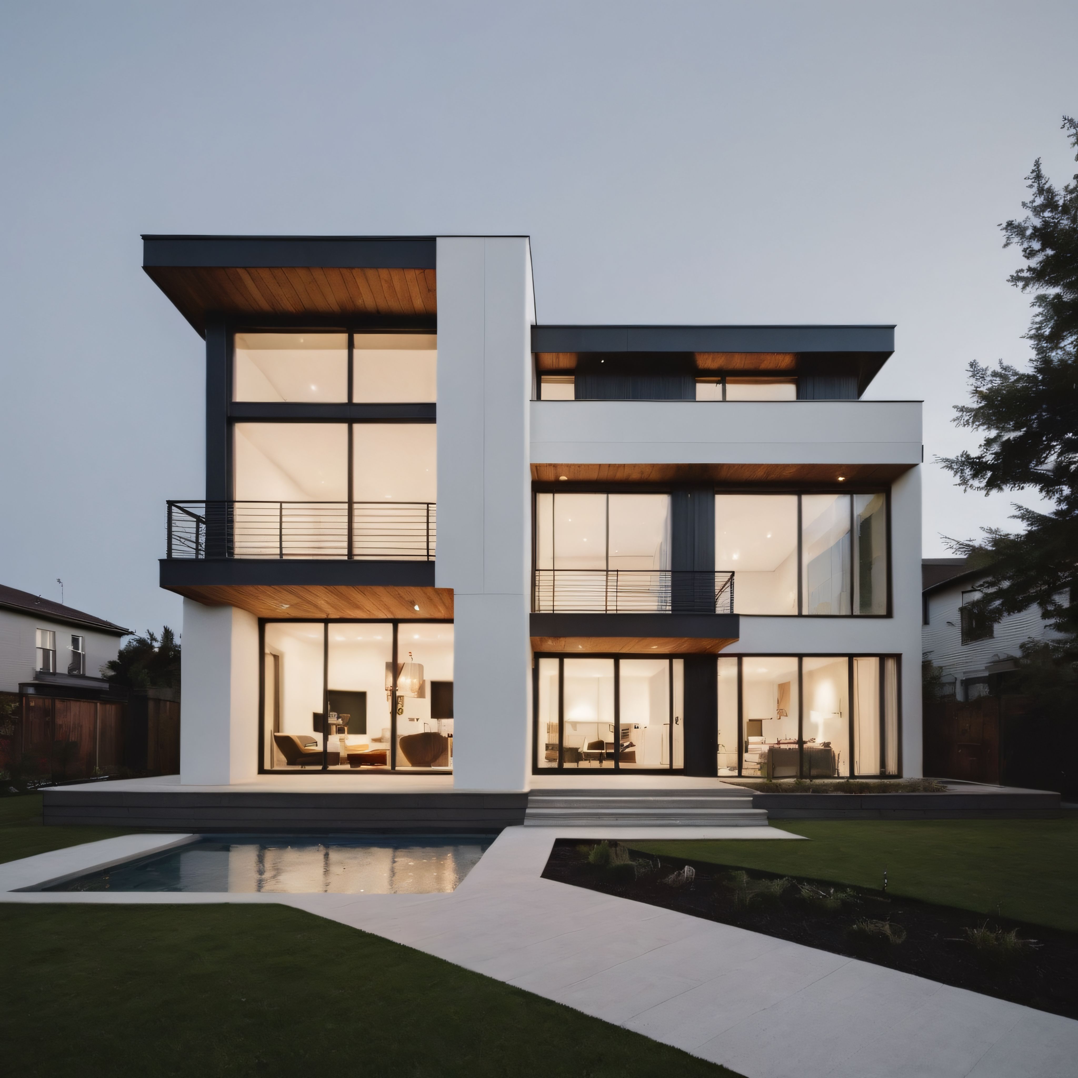 Gün Batımında Işıklandırılmış Lüks Modern Villa ve Minimalist Peyzaj