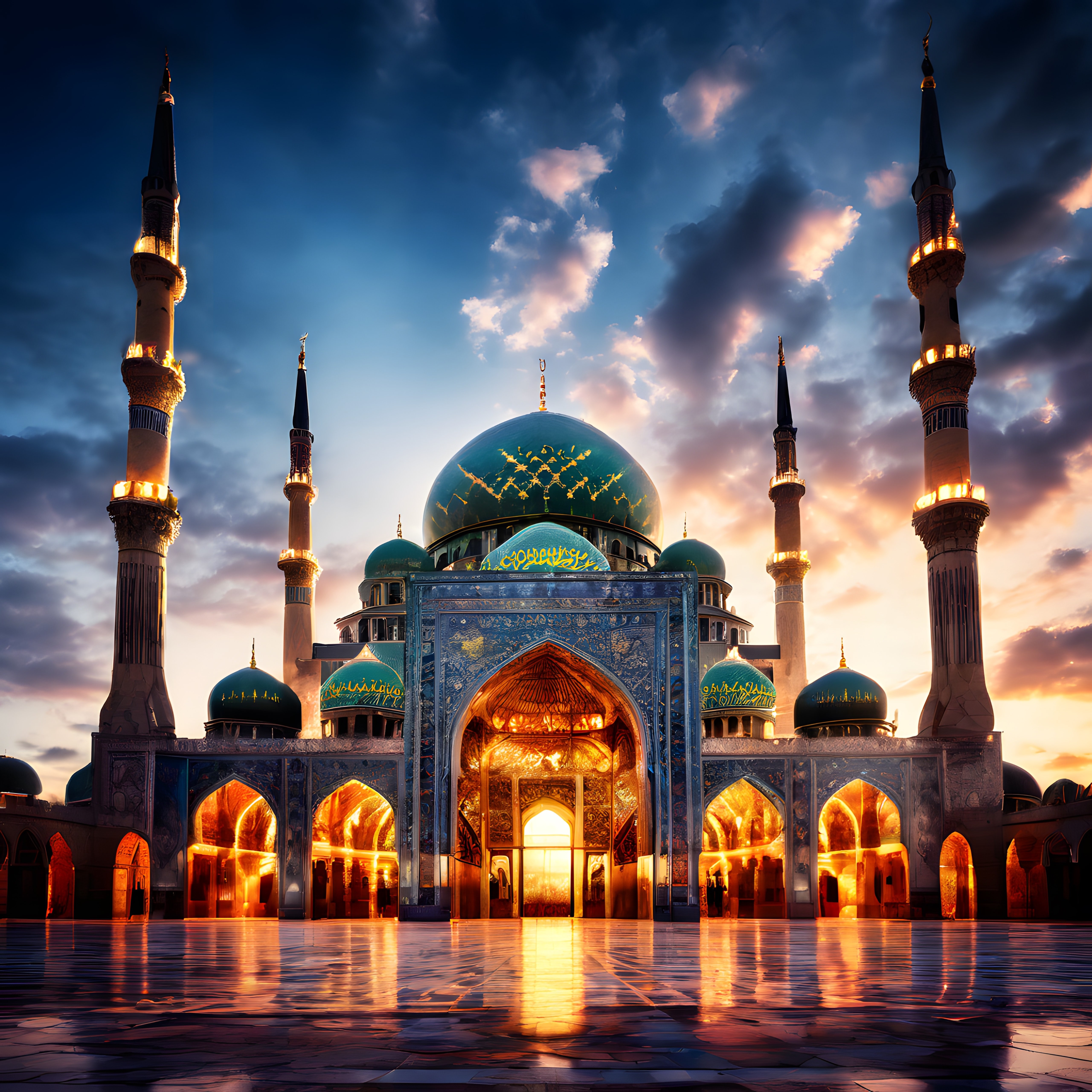 Gün Batımında Işıklandırılmış Mavi Kubbeli Muhteşem İslami Cami ve Minareler