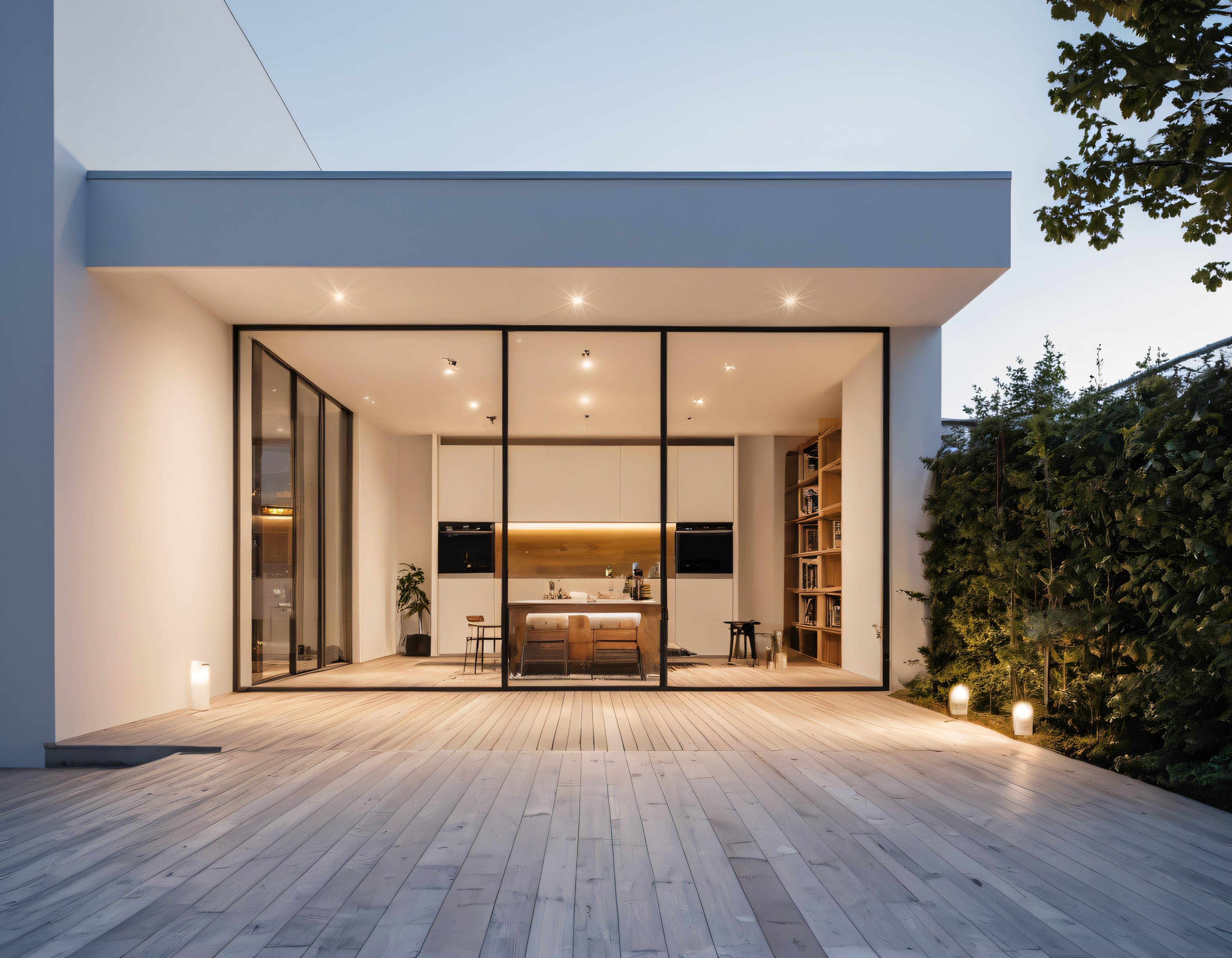Gün Batımında Işıklandırılmış Modern Cam Cepheli Lüks Villa ve Teras