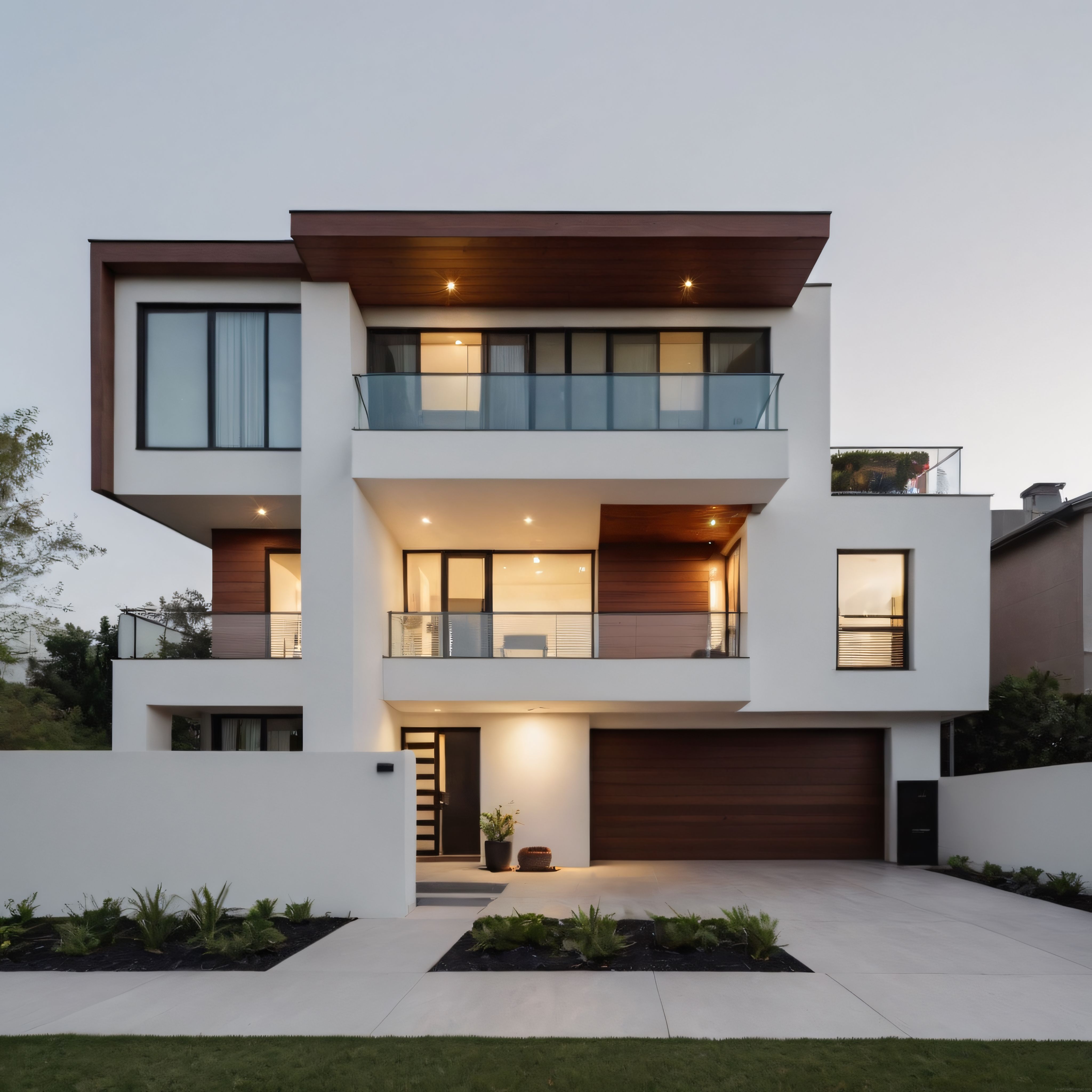 Gün Batımında Işıkları Yanan Modern Villa ve Minimalist Peyzaj Tasarımı