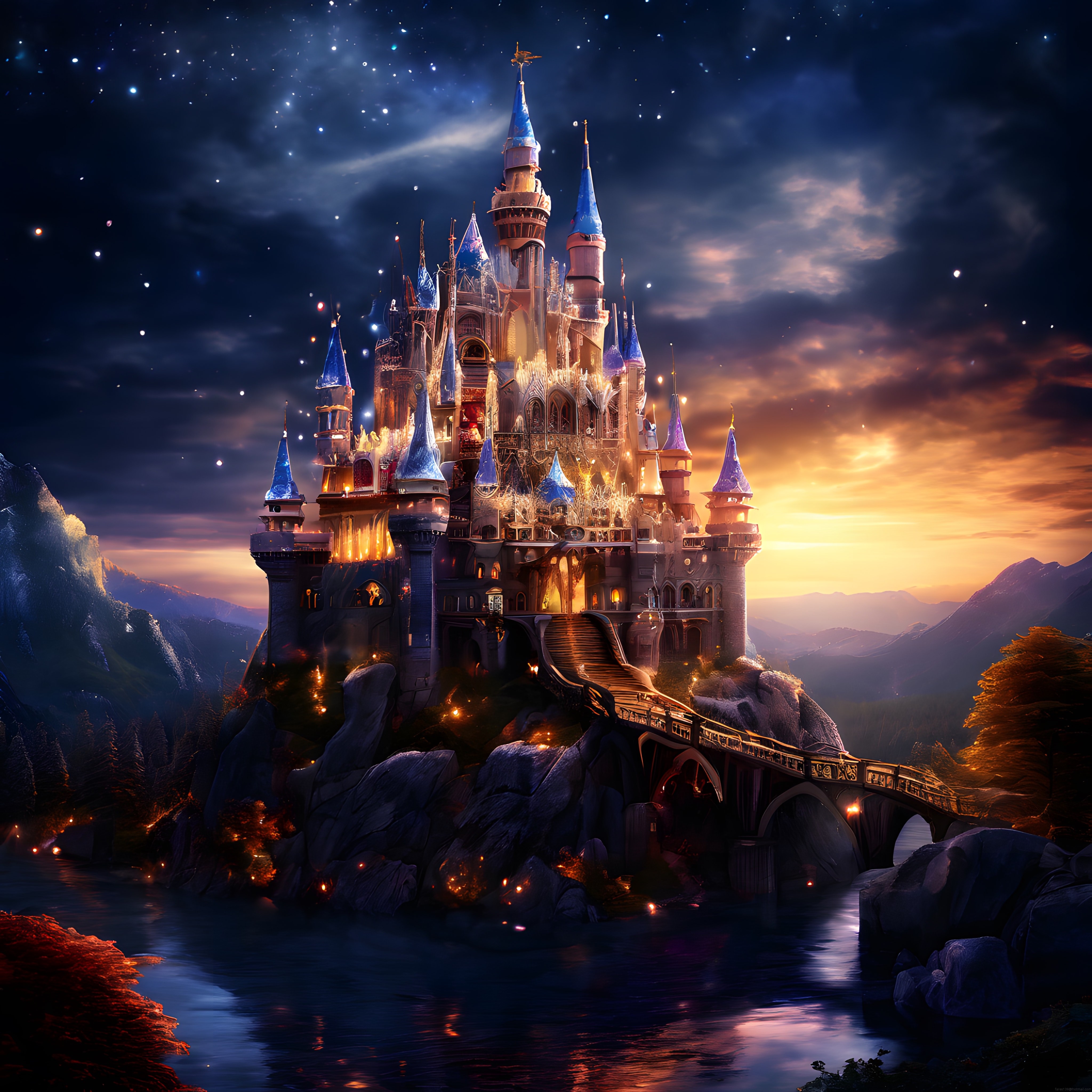 Gün Batımında Işıklarıyla Büyüleyen Masalsı Peri Şatosu ve Yıldızlı Gökyüzü