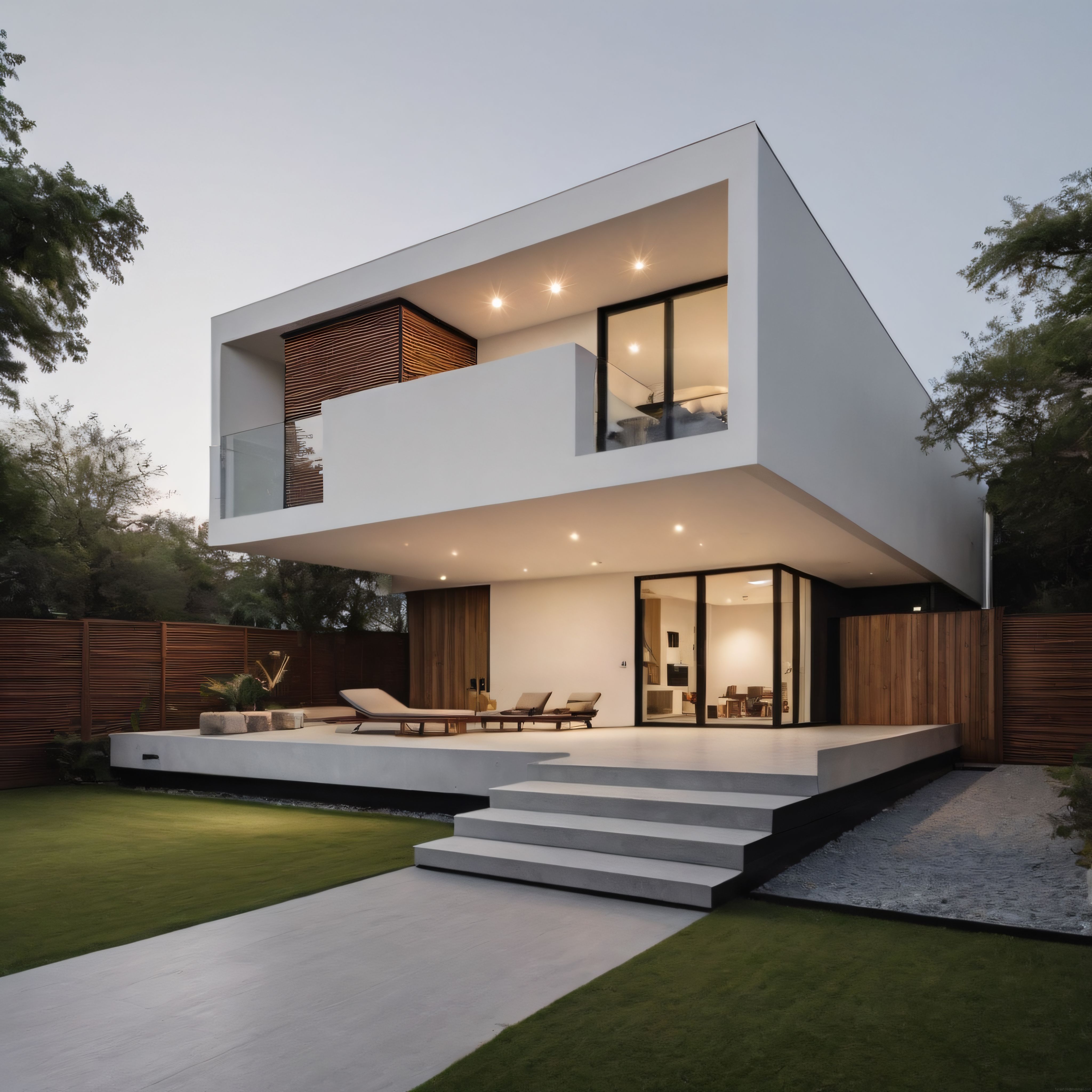 Gün Batımında Işıldayan Beyaz Kübik Villa ve Zen Bahçe Tasarımı