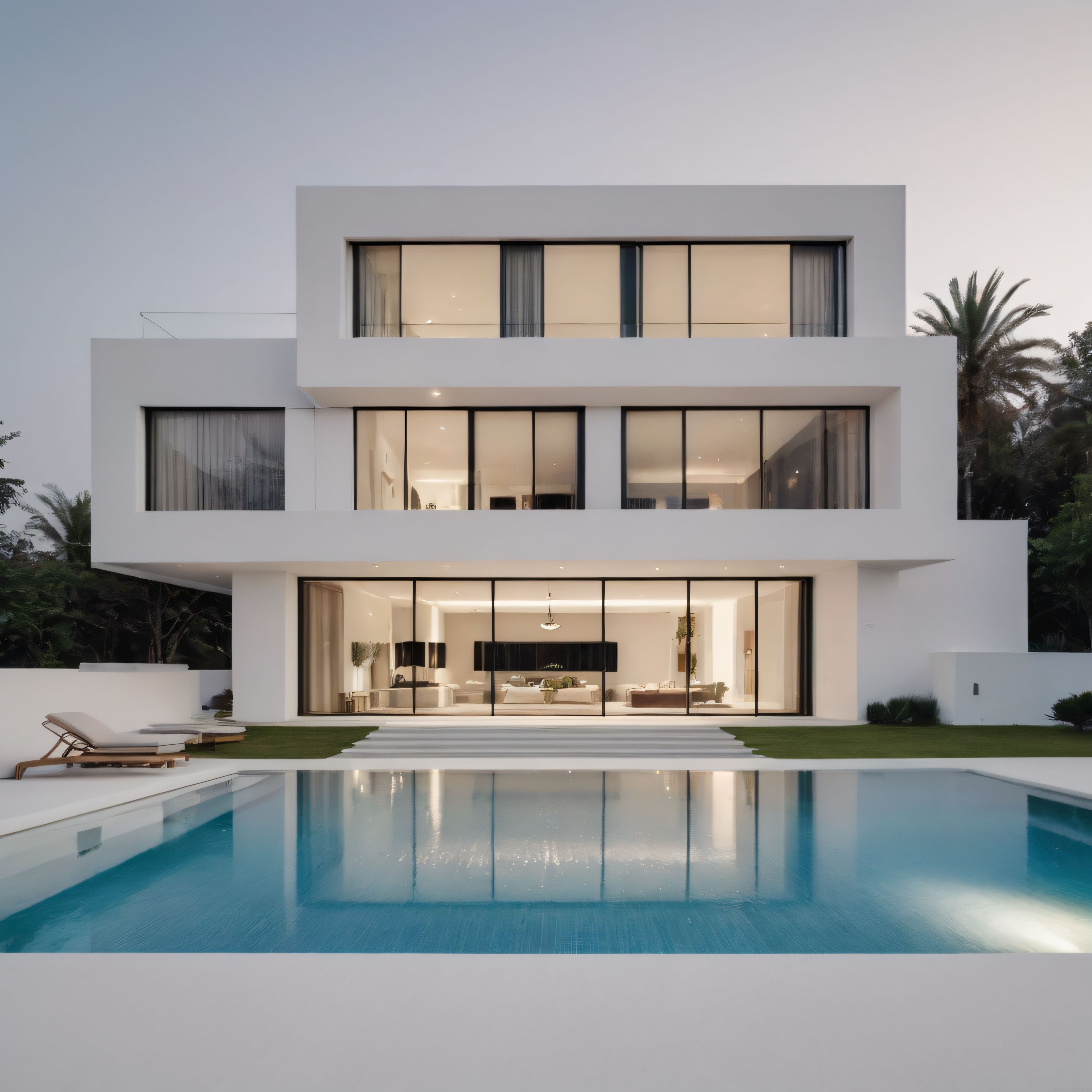 Gün Batımında Işıldayan Modern Beyaz Villa ve Yüzme Havuzu Manzarası