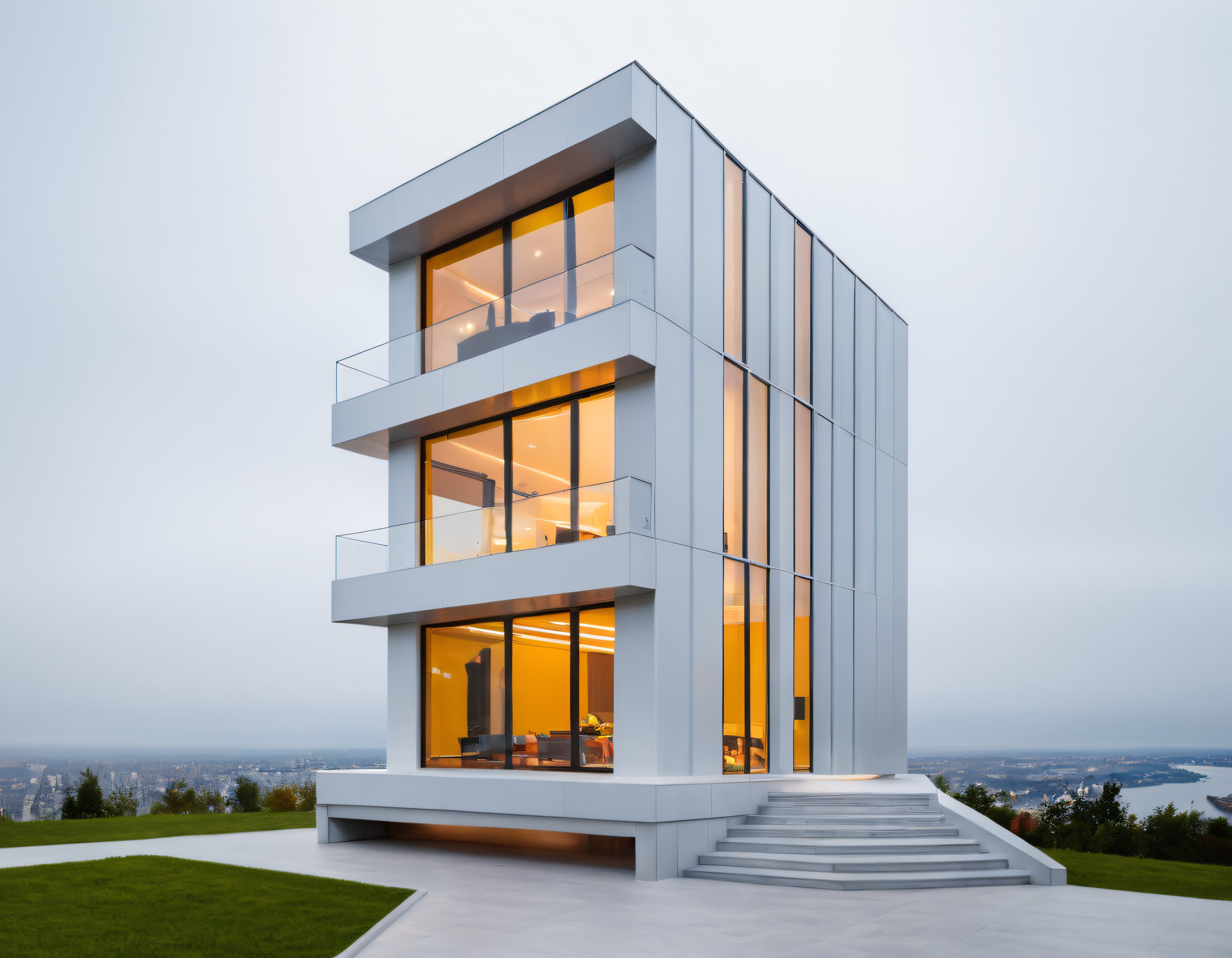 Gün Batımında Işıldayan Modern Cam Villa ve Muhteşem Şehir Manzarası