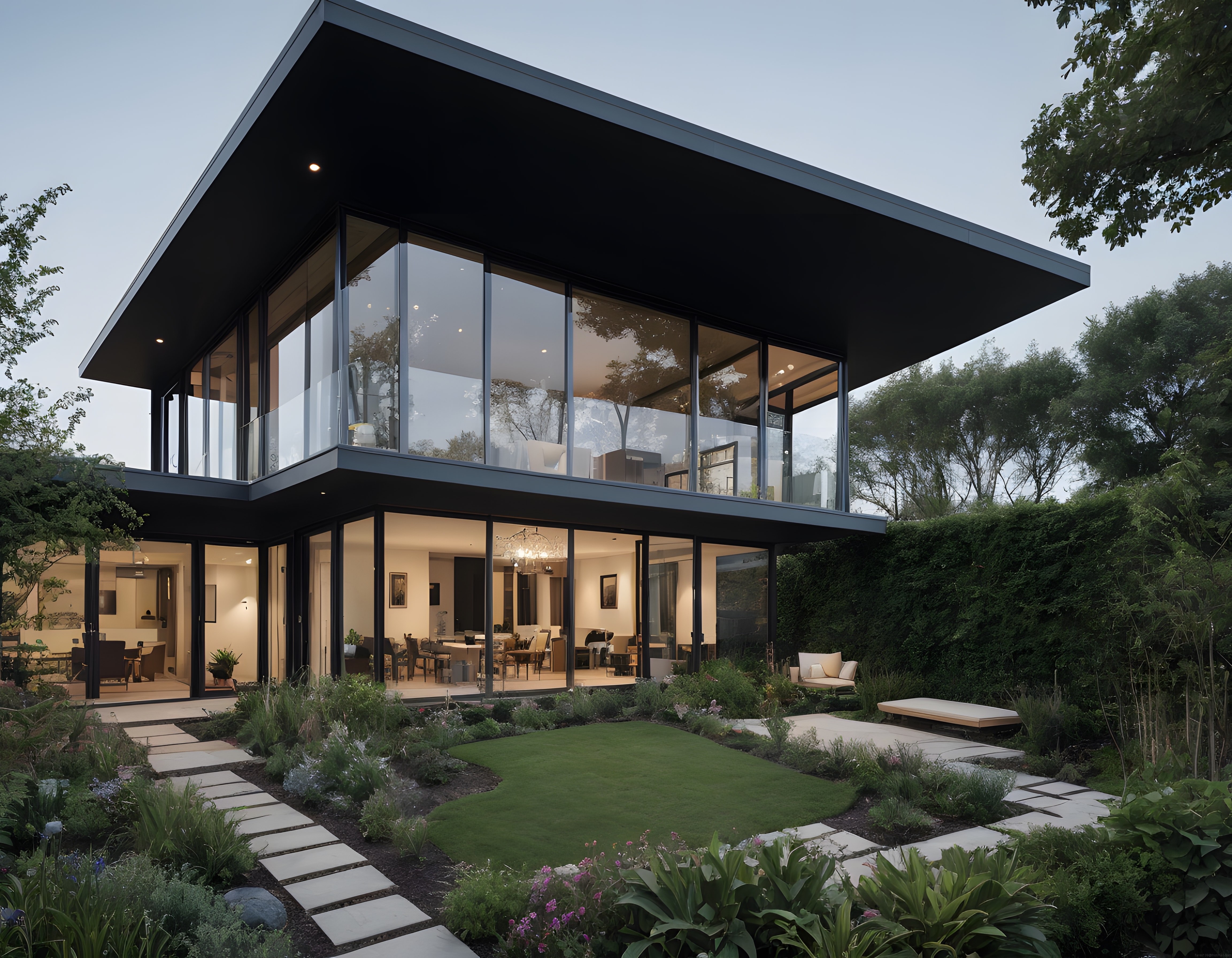Gün Batımında Işıldayan Modern Cam Villa ve Zen Peyzaj Bahçesi