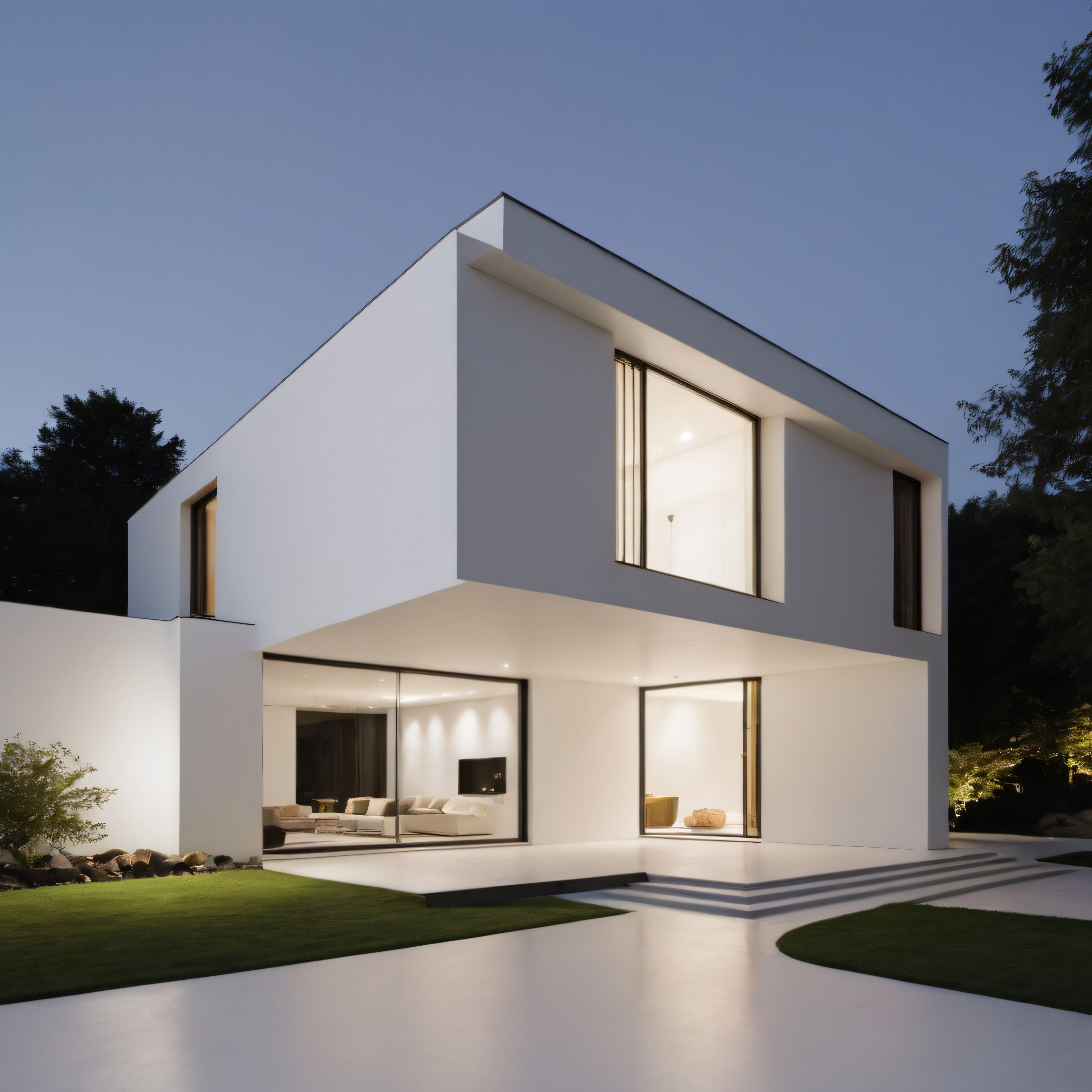 Gün Batımında Işıldayan Modern Villa: Beyaz Beton ve Camın Minimalist Uyumu