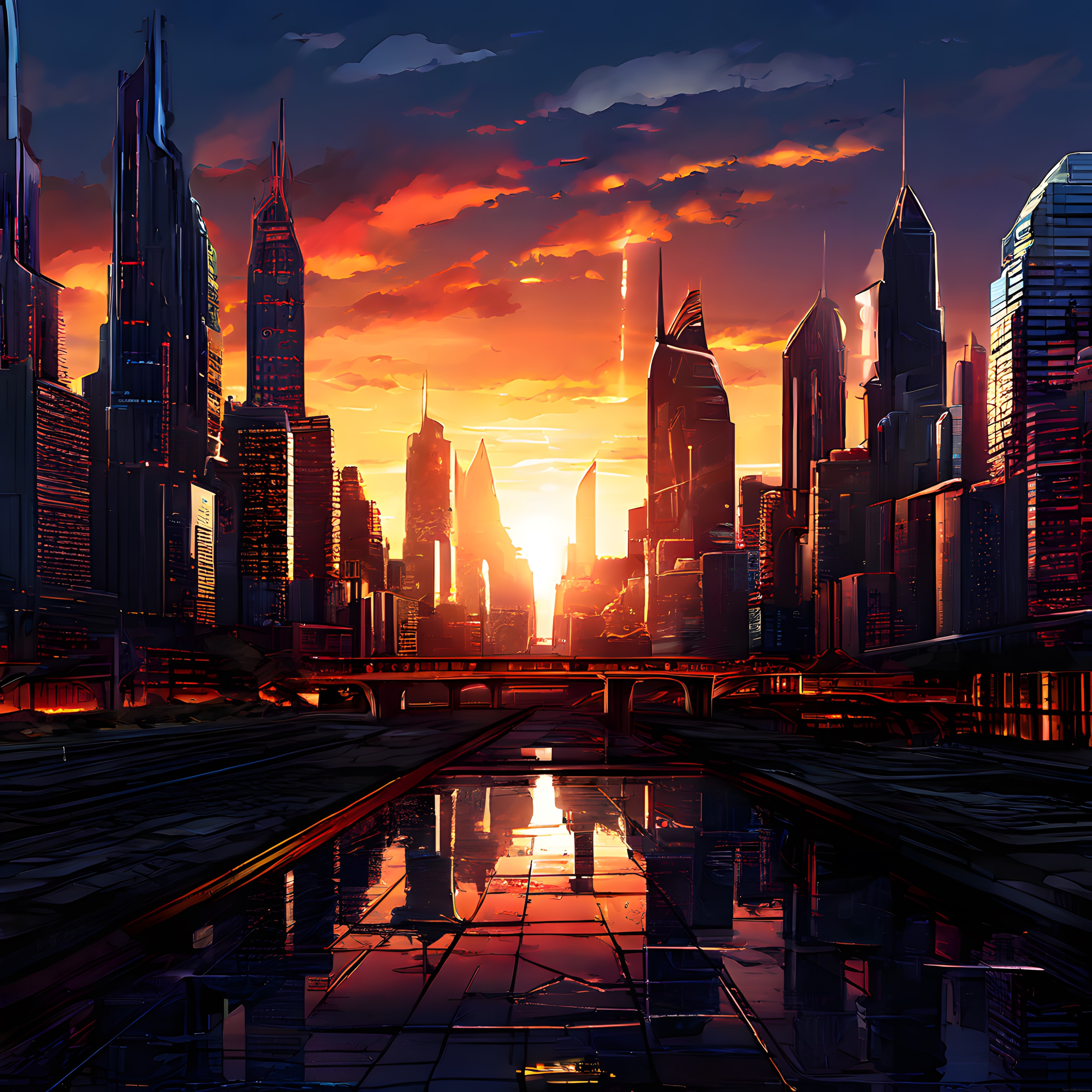 Gün Batımında Islak Yollara Yansıyan Cyberpunk Gelecek Şehir Dijital Sanat Eseri