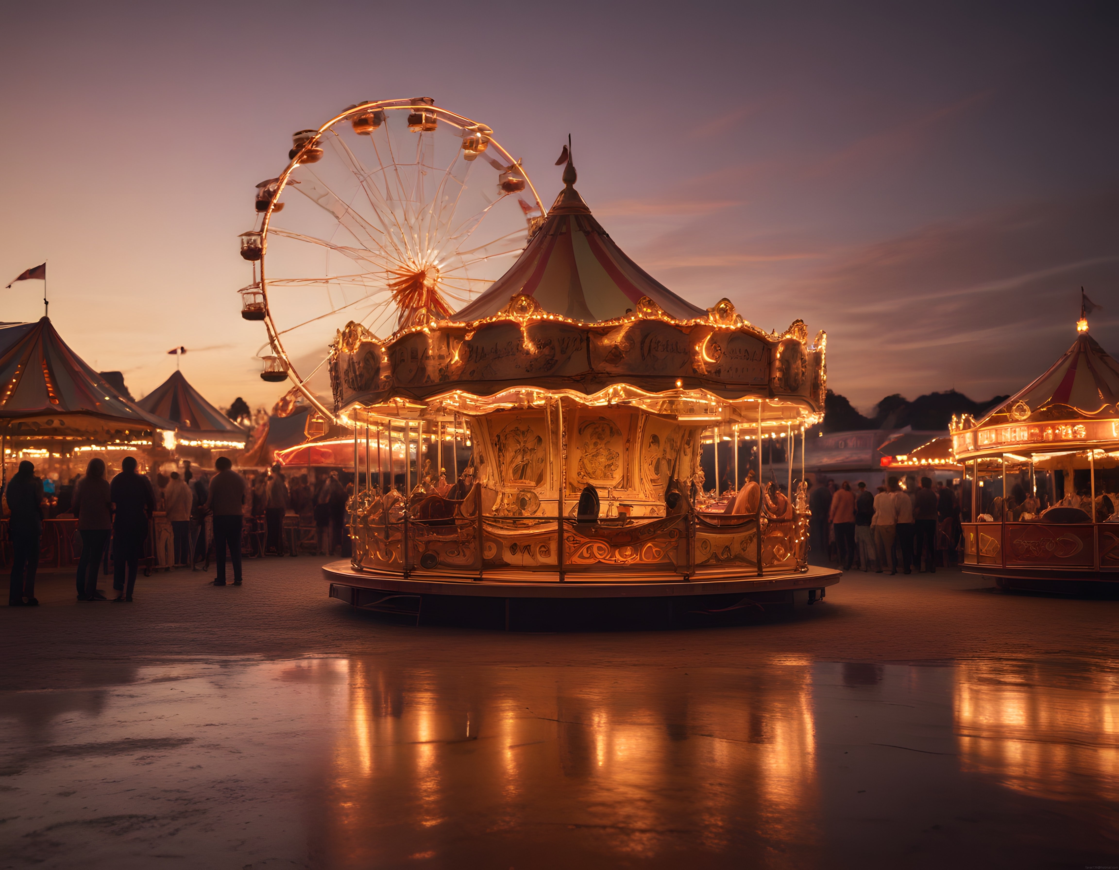 Gün Batımında Islak Zeminde Parlayan Atlıkarınca ve Lunapark Görüntüsü
