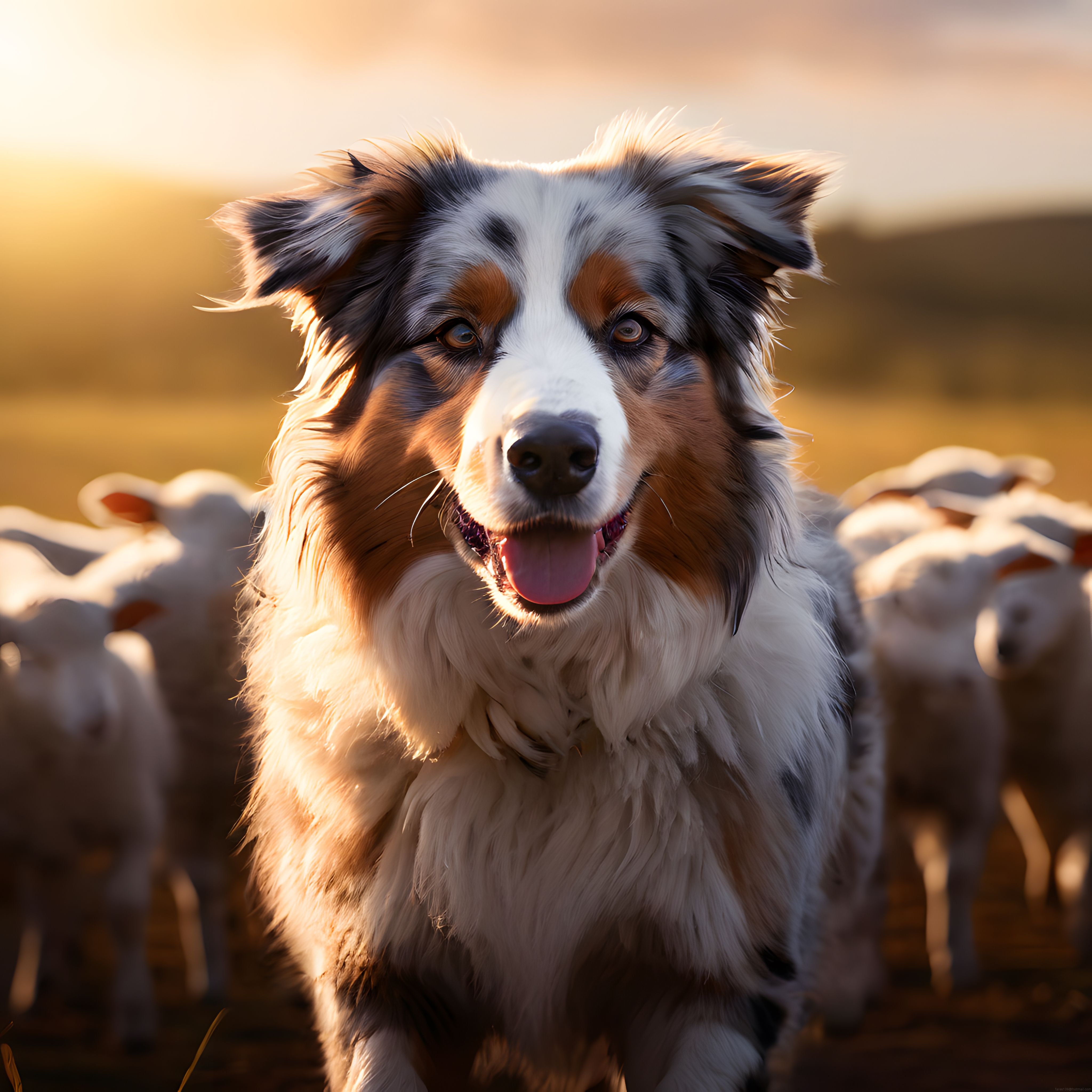 Gün Batımında Karizmatik Avustralya Çoban Köpeği ve Sürü Portresi