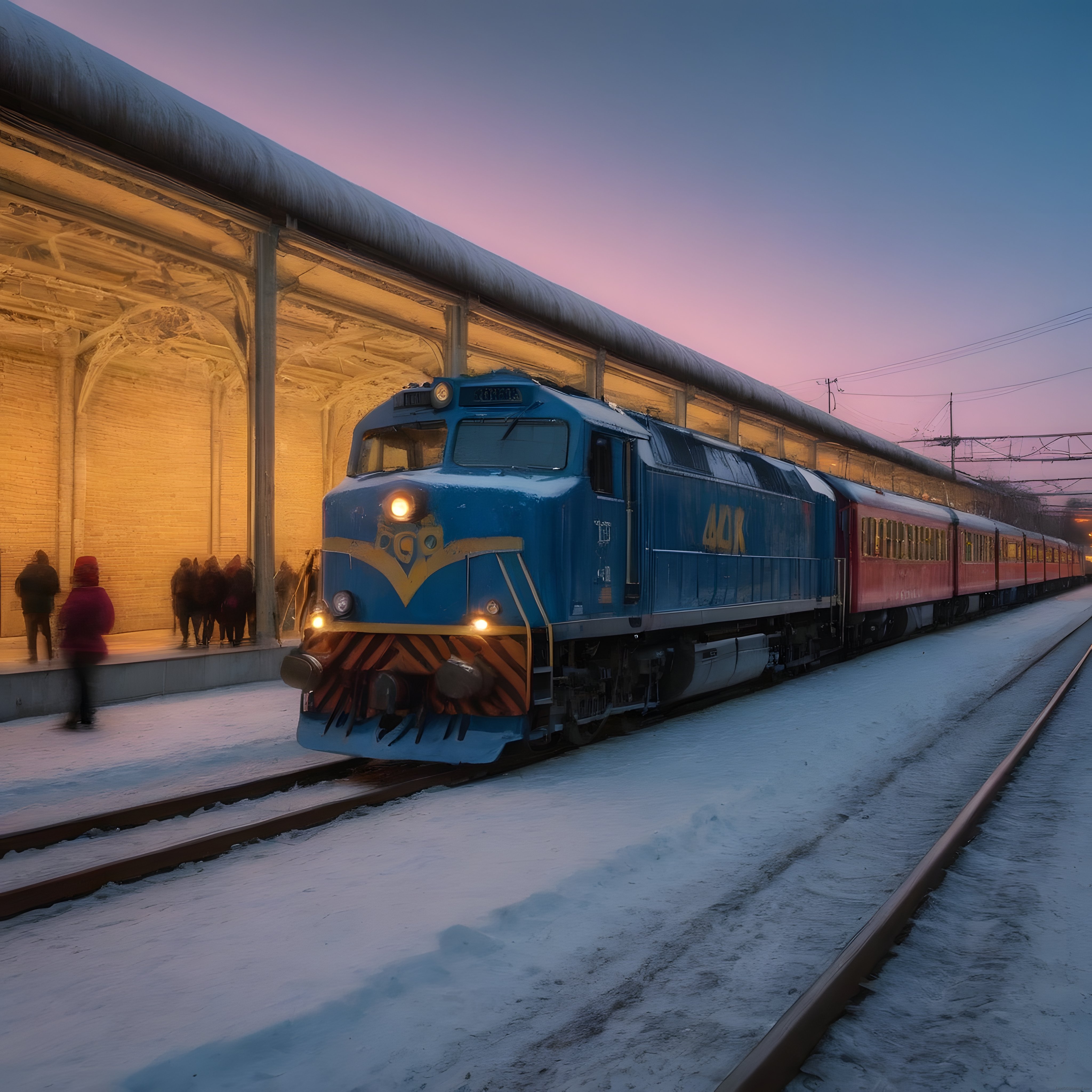 Gün Batımında Karlı Tren İstasyonunda Duran Mavi Lokomotif ve Kırmızı Vagonlar