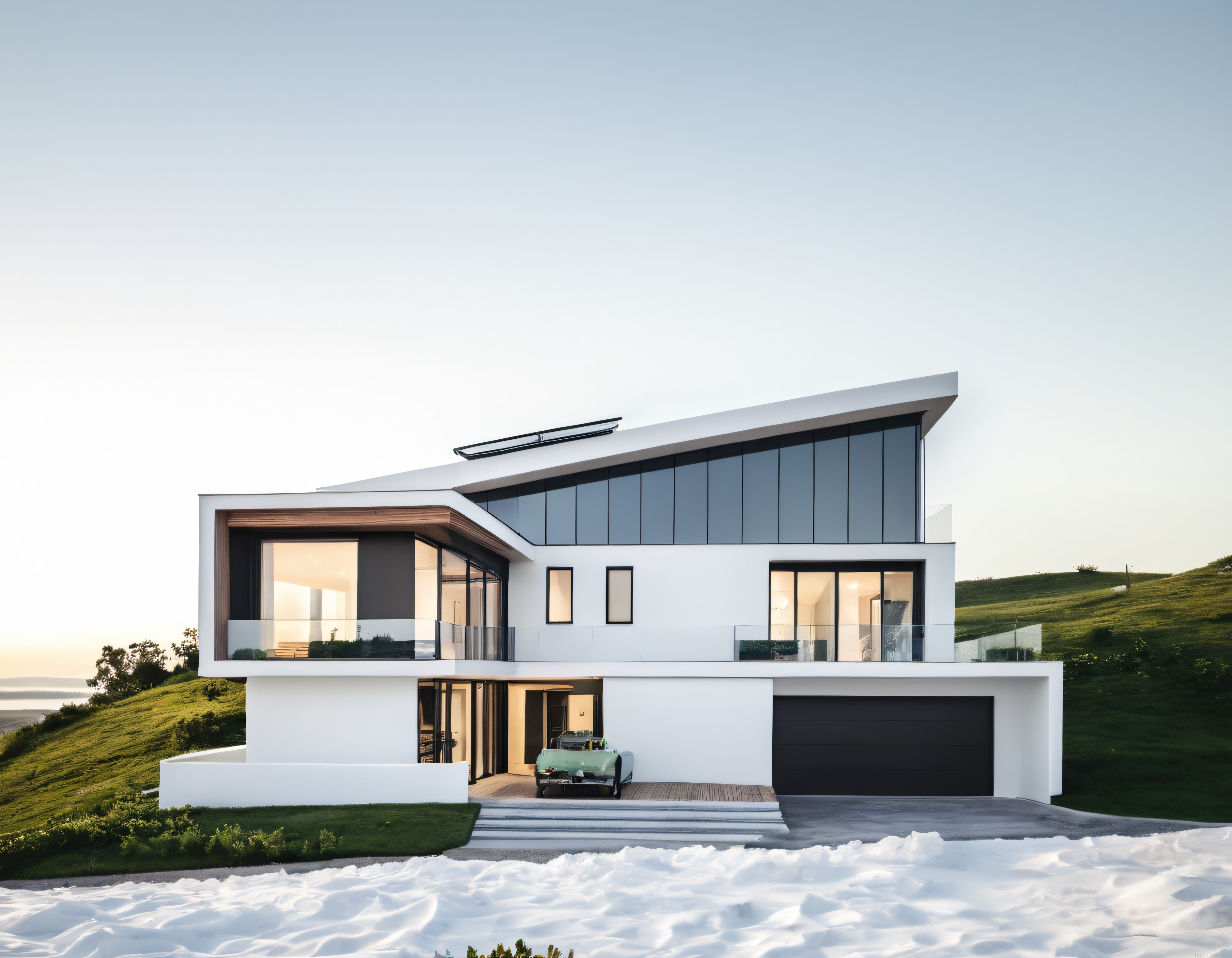 Gün Batımında Karlı Yamaçta Yükselen Çarpıcı Modern Villa Tasarımı