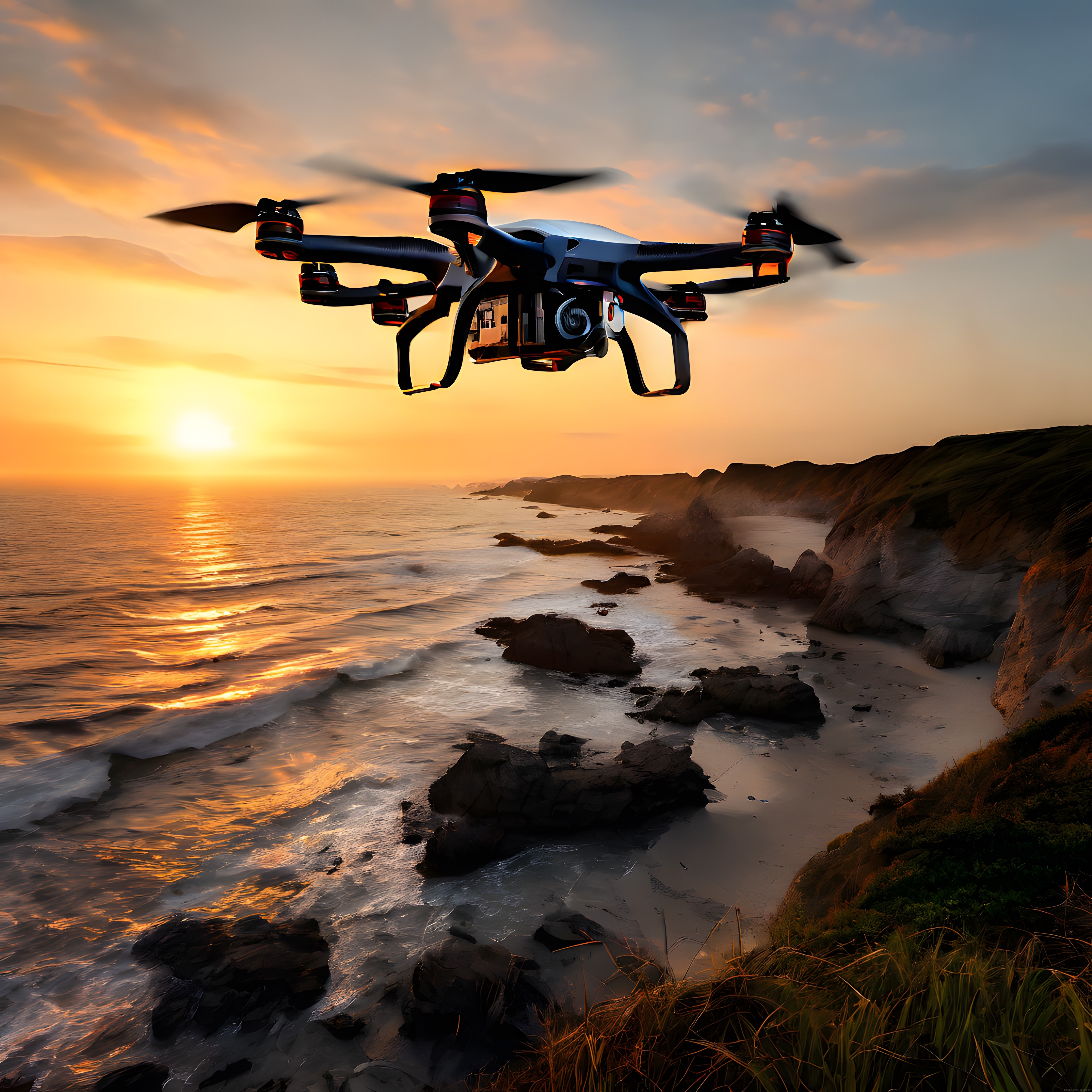 Gün Batımında Kayalık Kıyı Üzerinde Uçan Drone ve Eşsiz Deniz Manzarası