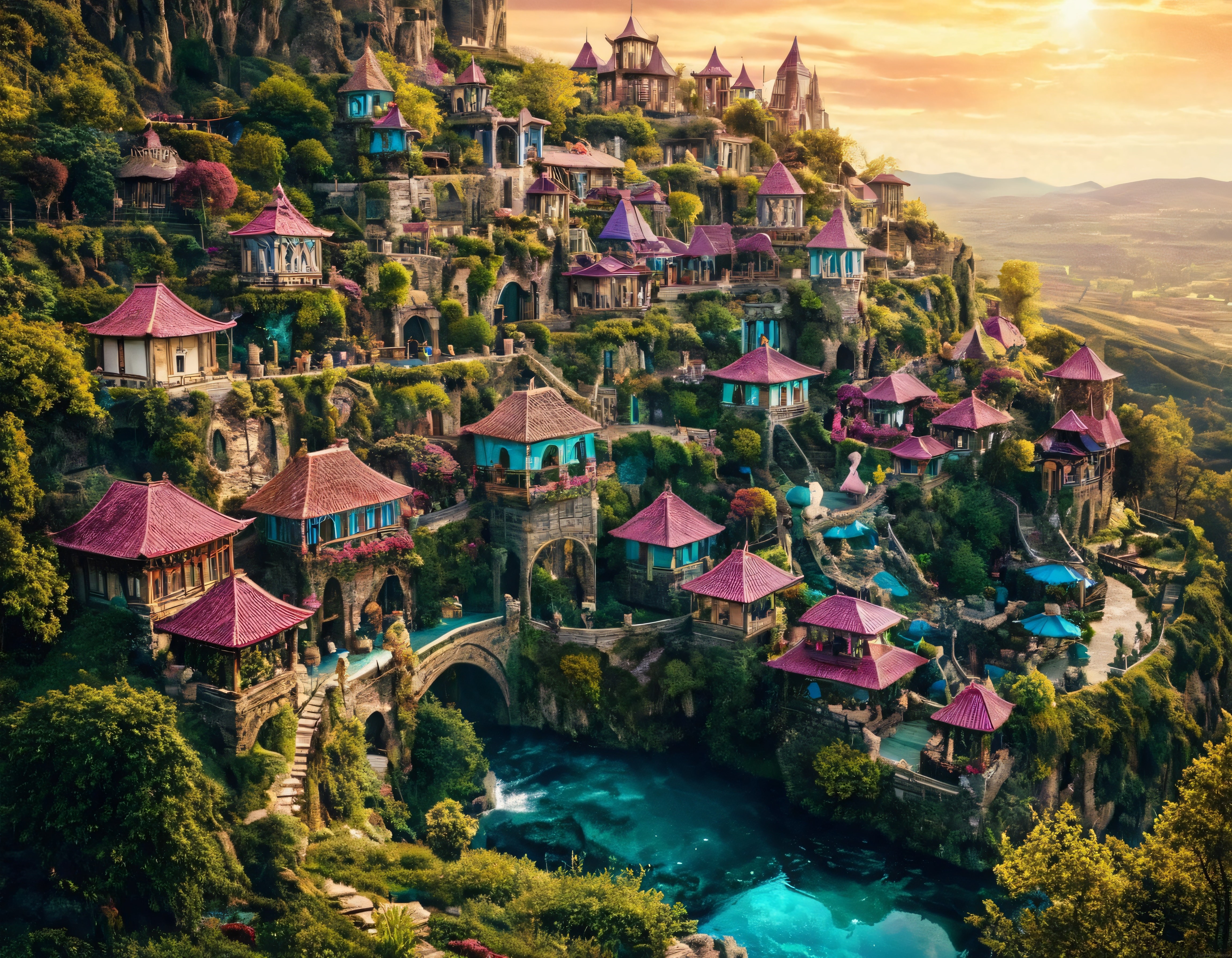 Gün Batımında Kayalık Yamaçta Gizli Fantastik Şehir ve Turkuaz Göl Manzarası