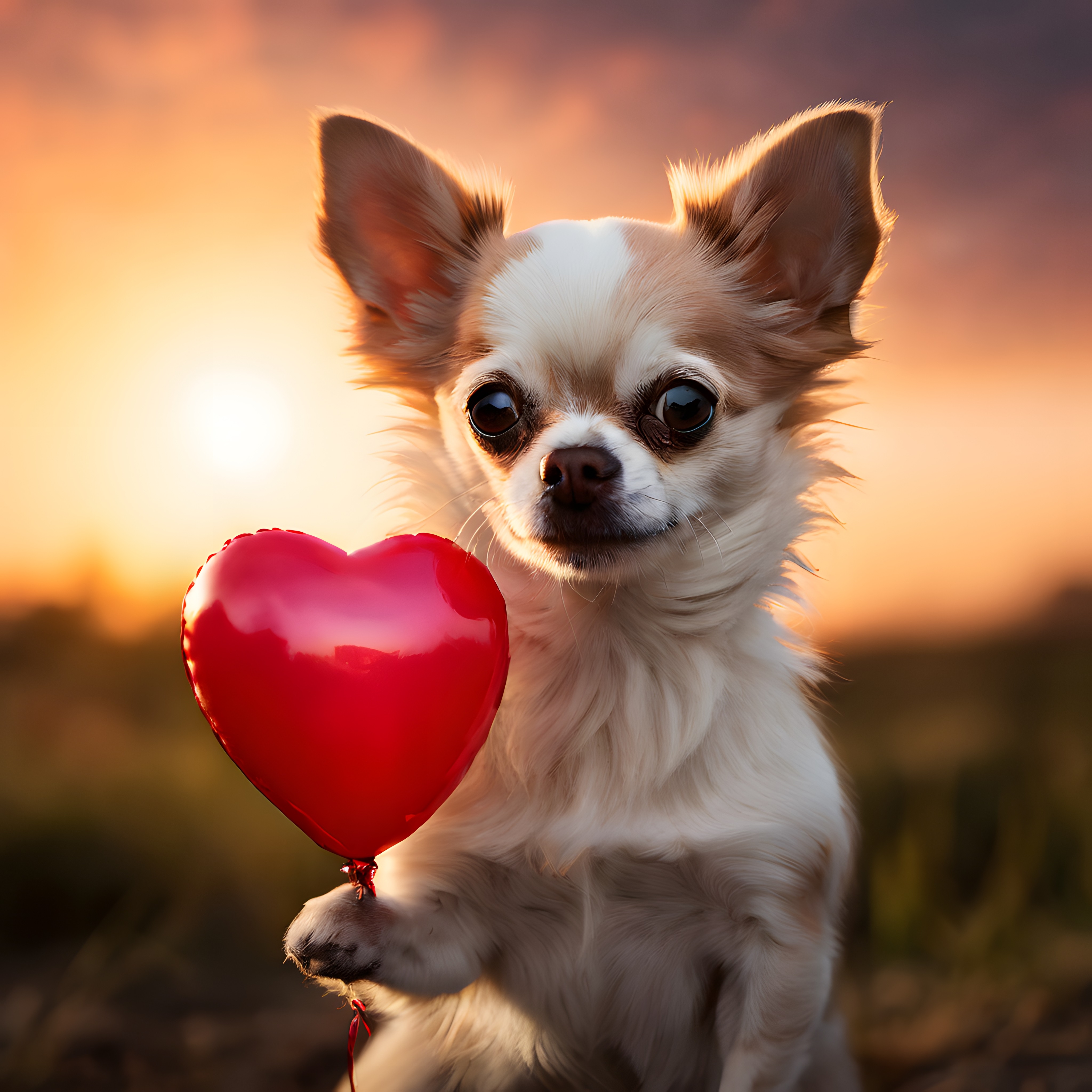 Gün Batımında Kırmızı Kalp Balonlu Sevimli Chihuahua Köpek Portresi