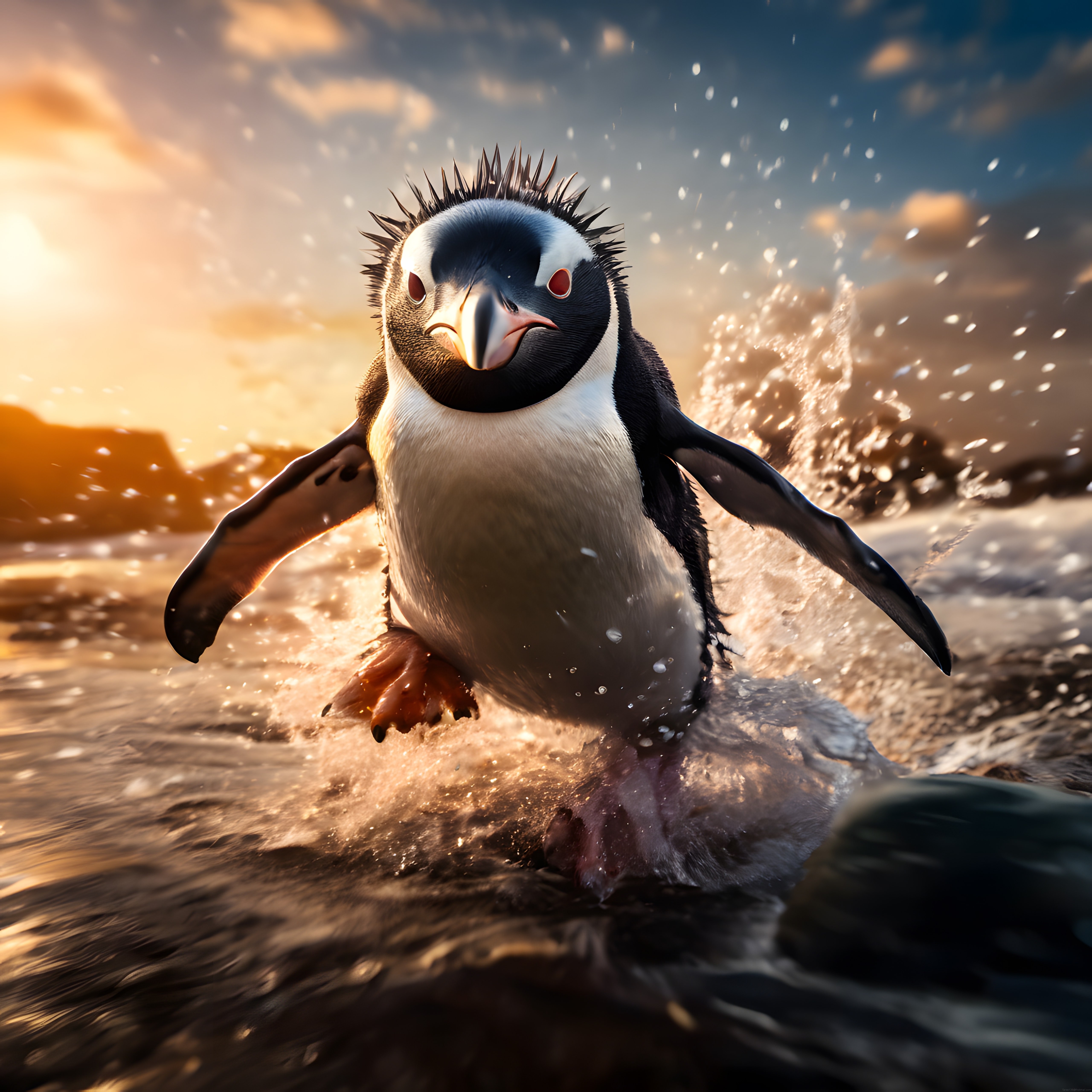 Gün Batımında Kıyıya Sıçrayan Islak Penguenin Yaban Hayatı Anı